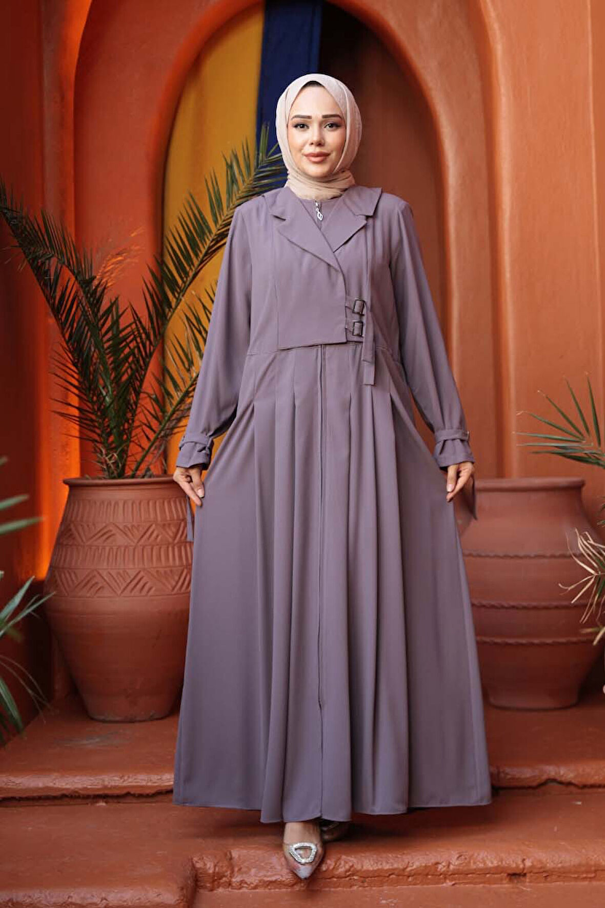 Fermuarlı Koyu Vizon Tesettür Ferace 26431KV