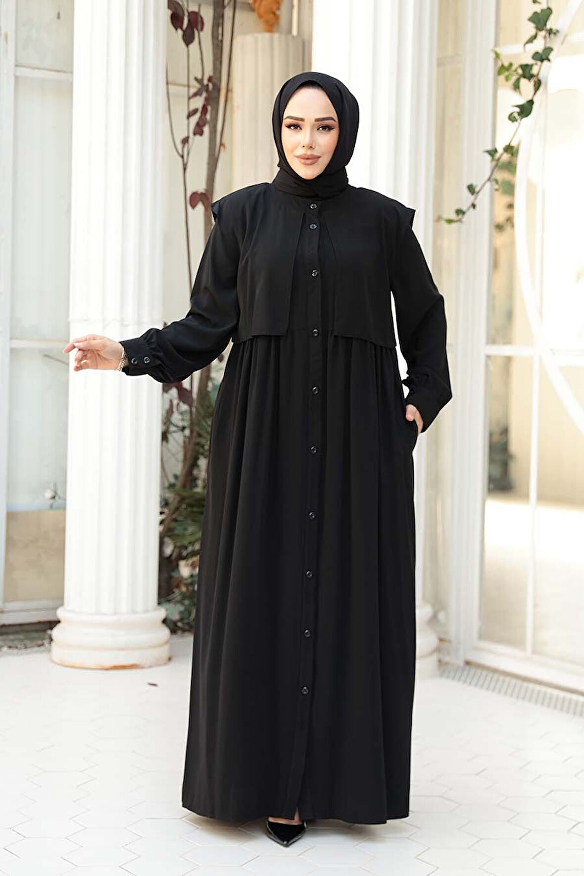 Düğmeli Siyah Tesettür Ferace 26441S