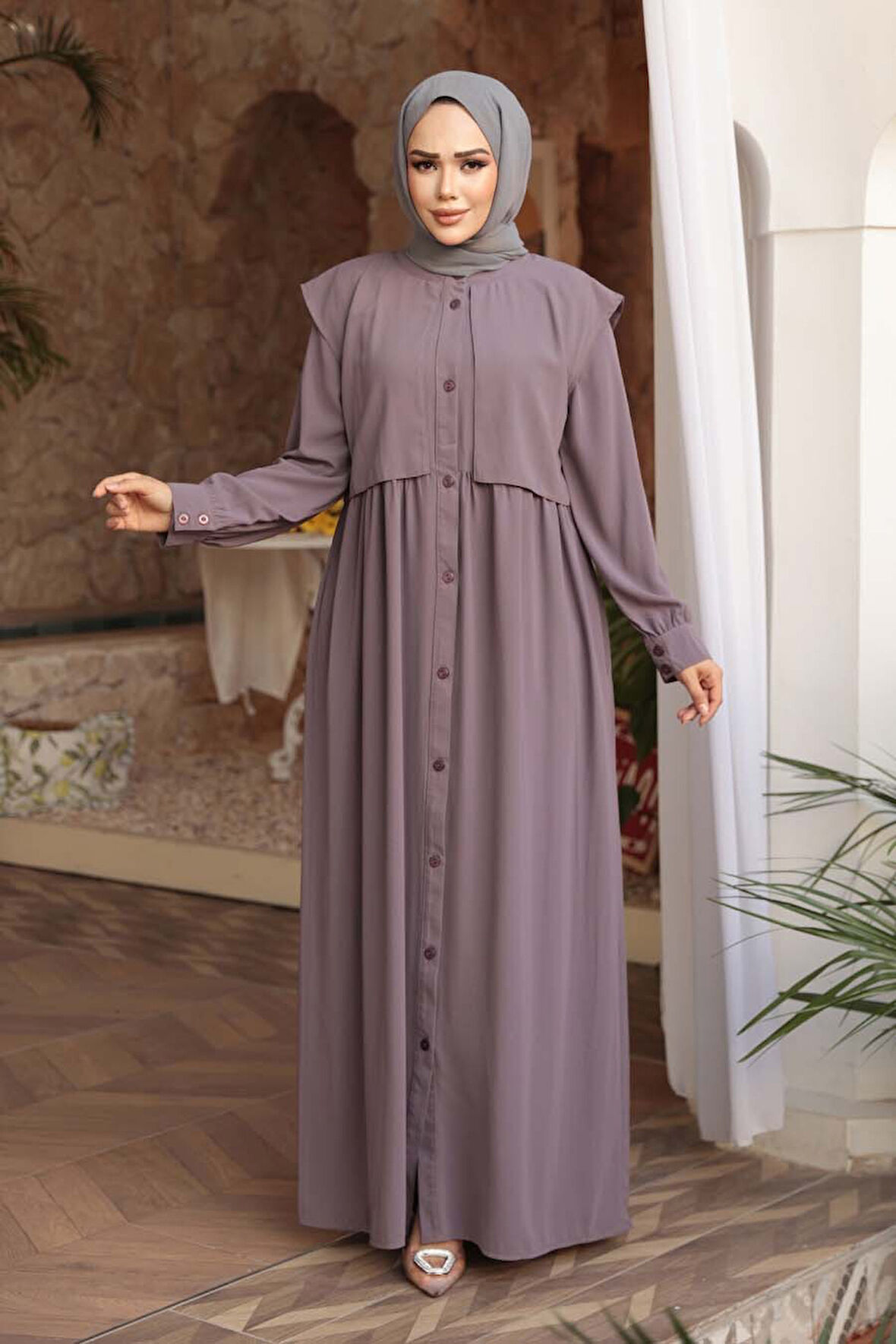 Düğmeli Gül Kurusu Tesettür Ferace 26441GK