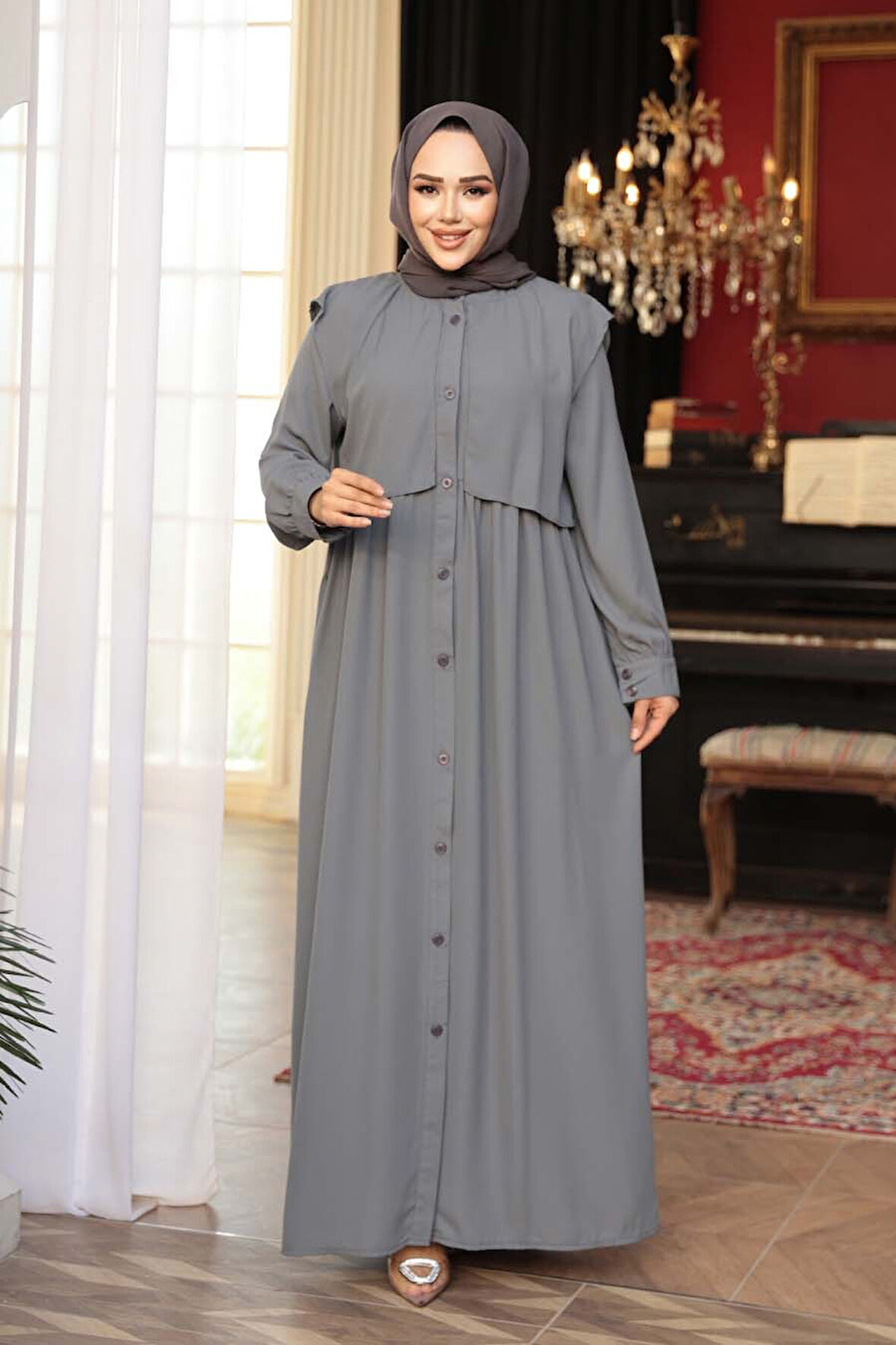 Düğmeli Gri Tesettür Ferace 26441GR