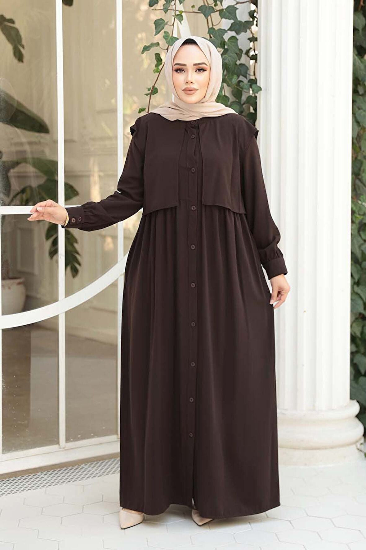 Düğmeli Koyu Kahverengi Tesettür Ferace 26441KKH