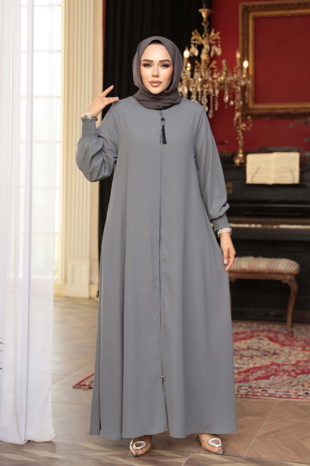 Fermuarlı Gri Tesettür Abaya 26302GR
