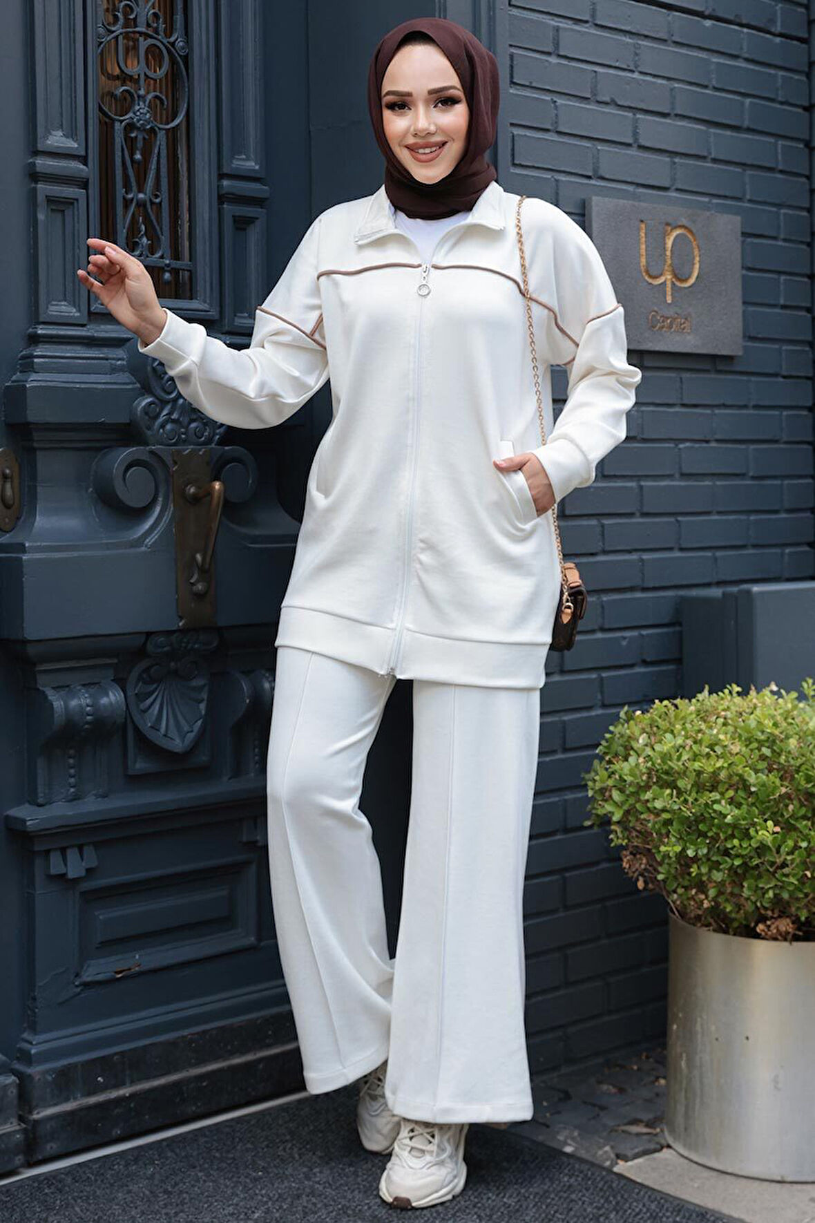 Fermuarlı Ekru Tesettür İkili Takım 13231E