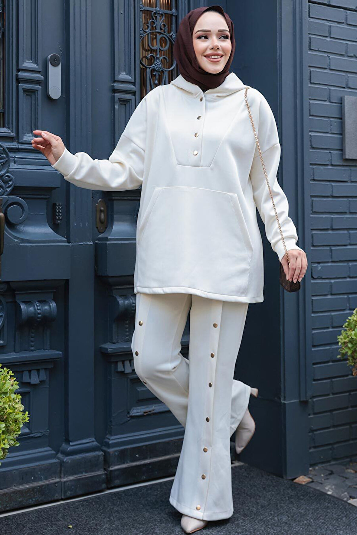 Kapşonlu Ekru Tesettür Scuba İkili Takım 12312E