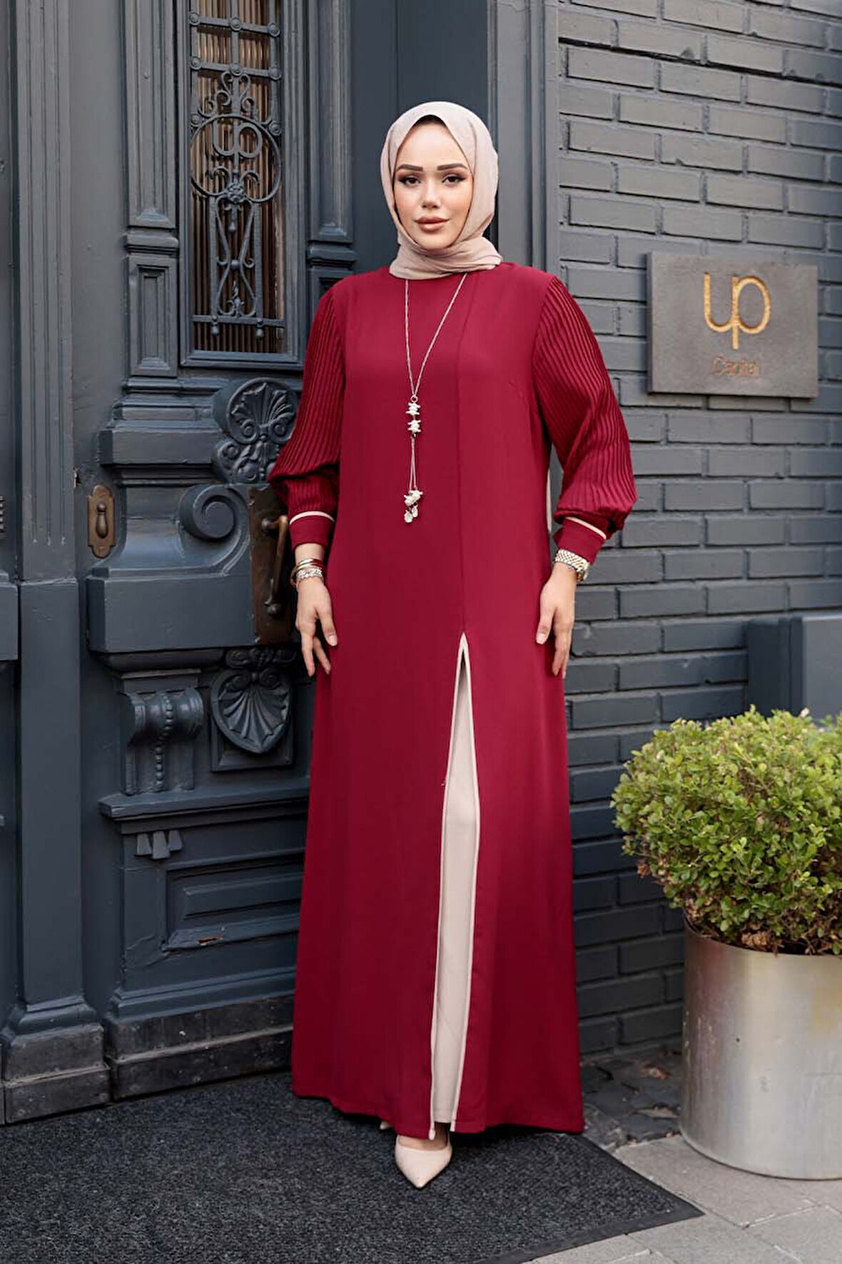 Kolyeli Bordo Tesettür İkili Takım 76161BR