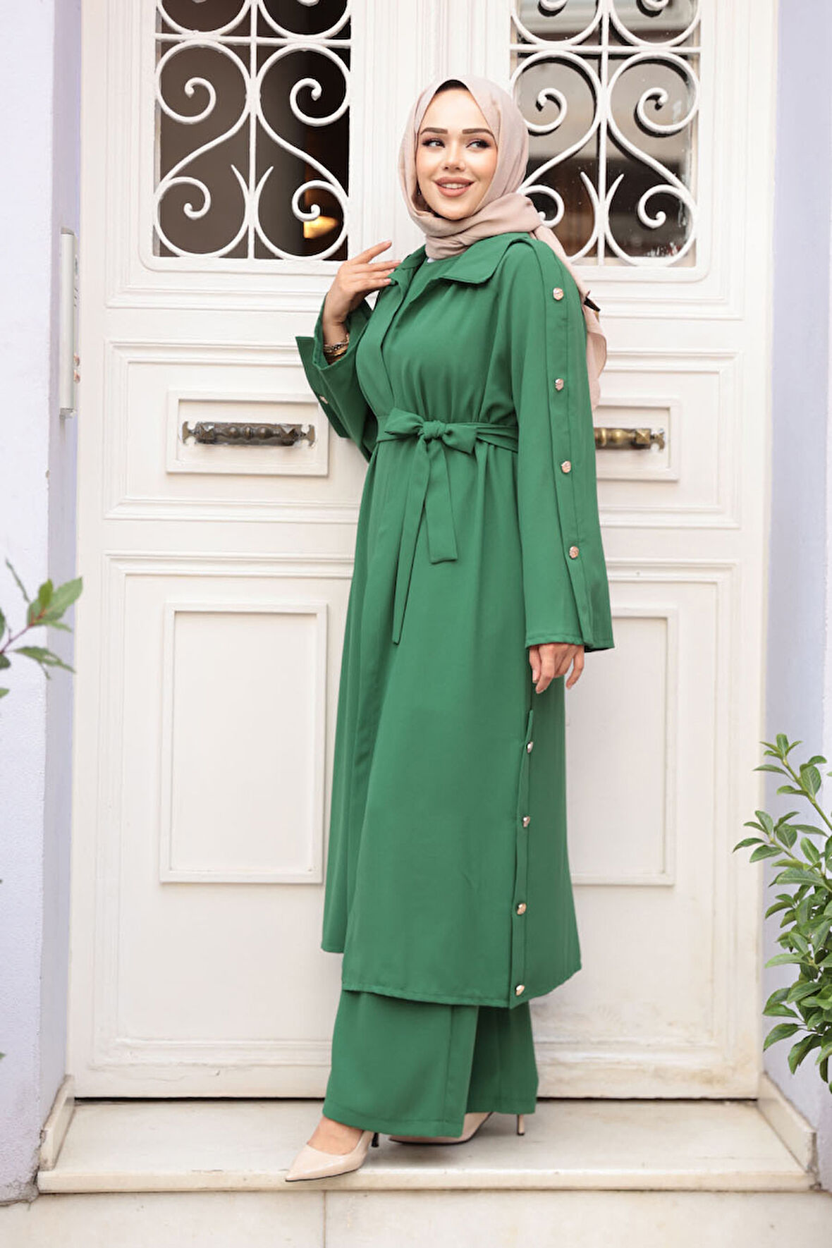 Düğme Detaylı Yeşil Tesettür Üçlü Takım 7677Y