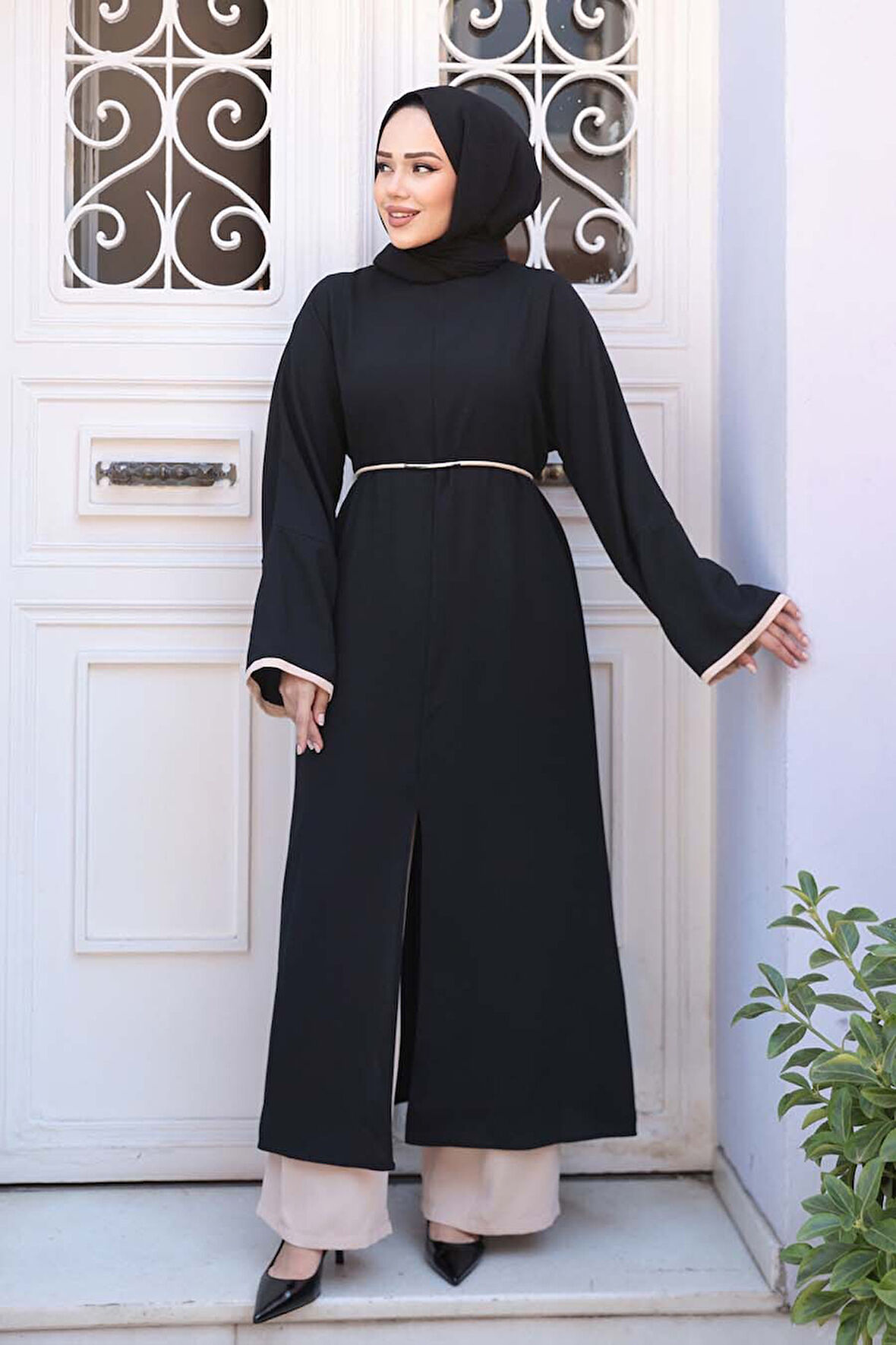 Yırtmaç Detaylı Siyah Tesettür İkili Takım 76112S