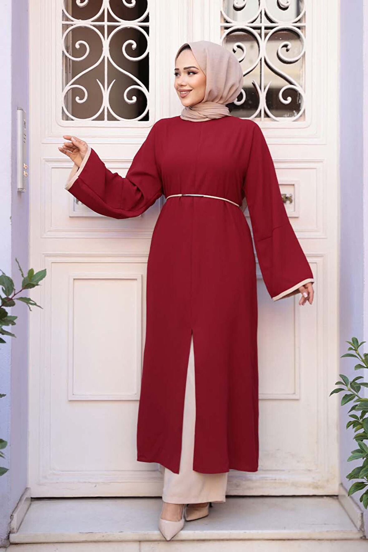 Yırtmaç Detaylı Bordo Tesettür İkili Takım 76112BR