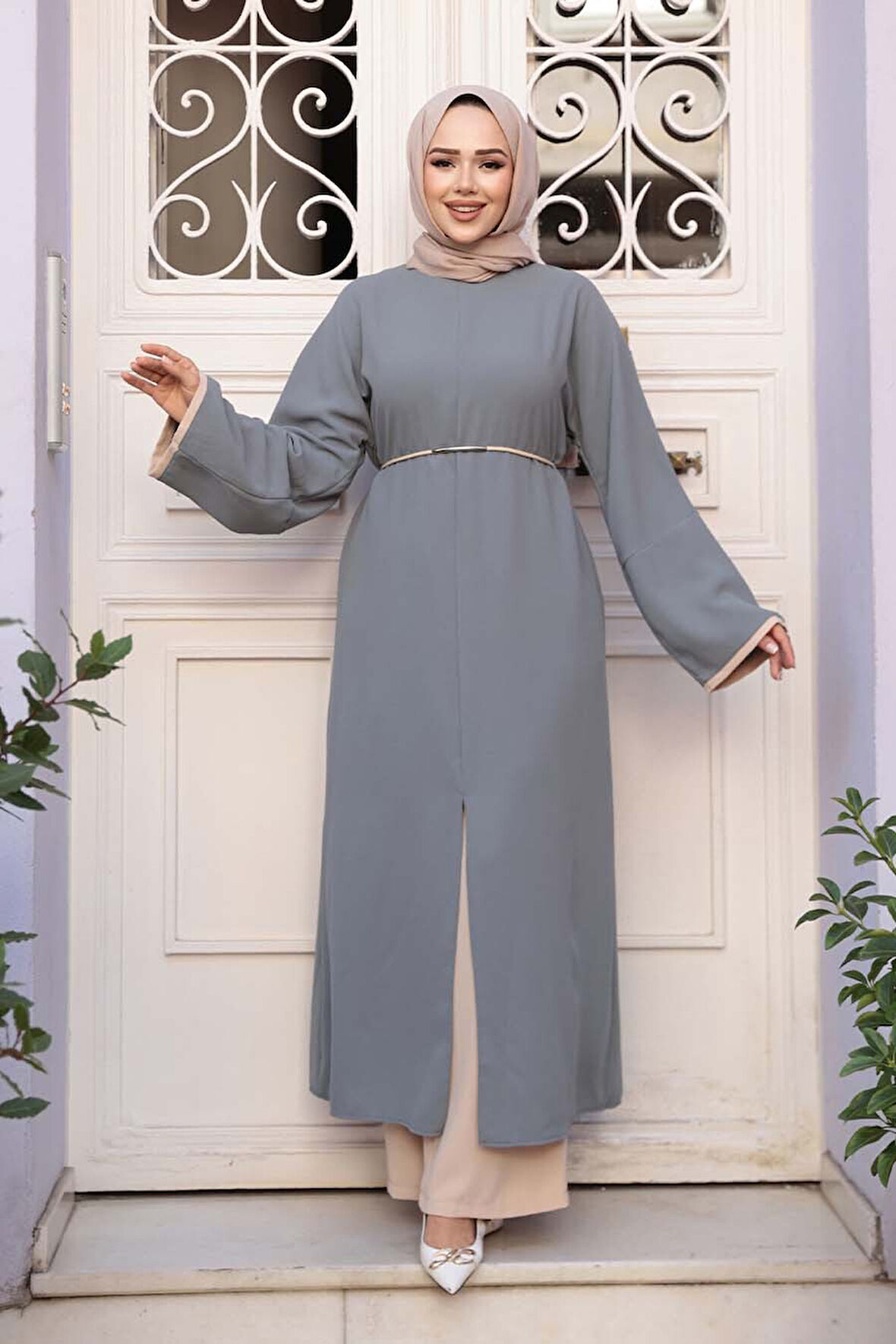 Yırtmaç Detaylı Gri Tesettür İkili Takım 76112GR