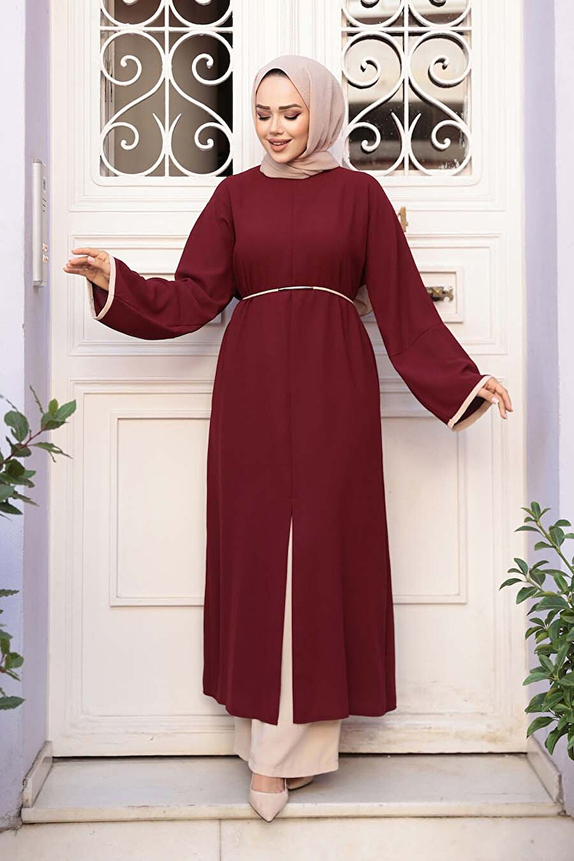 Yırtmaç Detaylı Koyu Bordo Tesettür İkili Takım 76112KBR