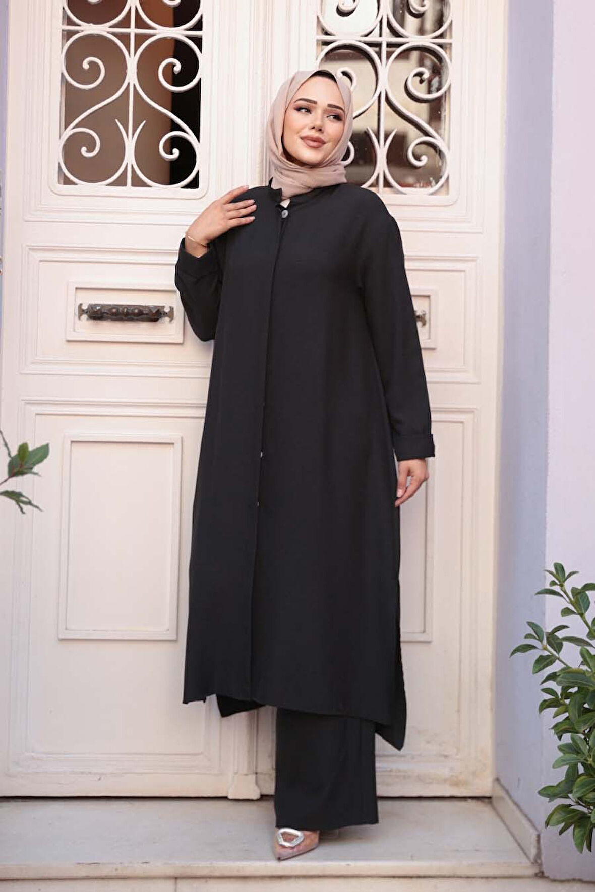 Düğmeli Siyah Tesettür Üçlü Takım 76591S