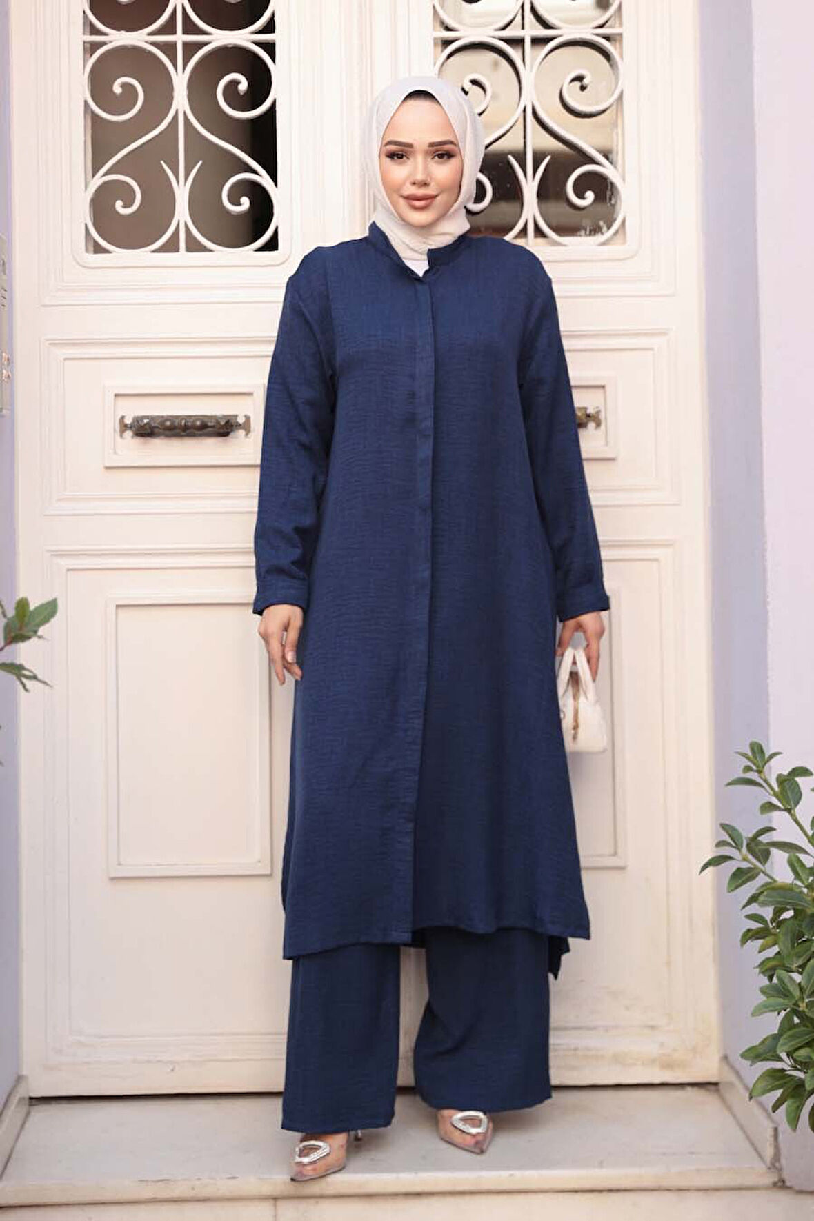 Düğmeli Lacivert Tesettür Üçlü Takım 76591L