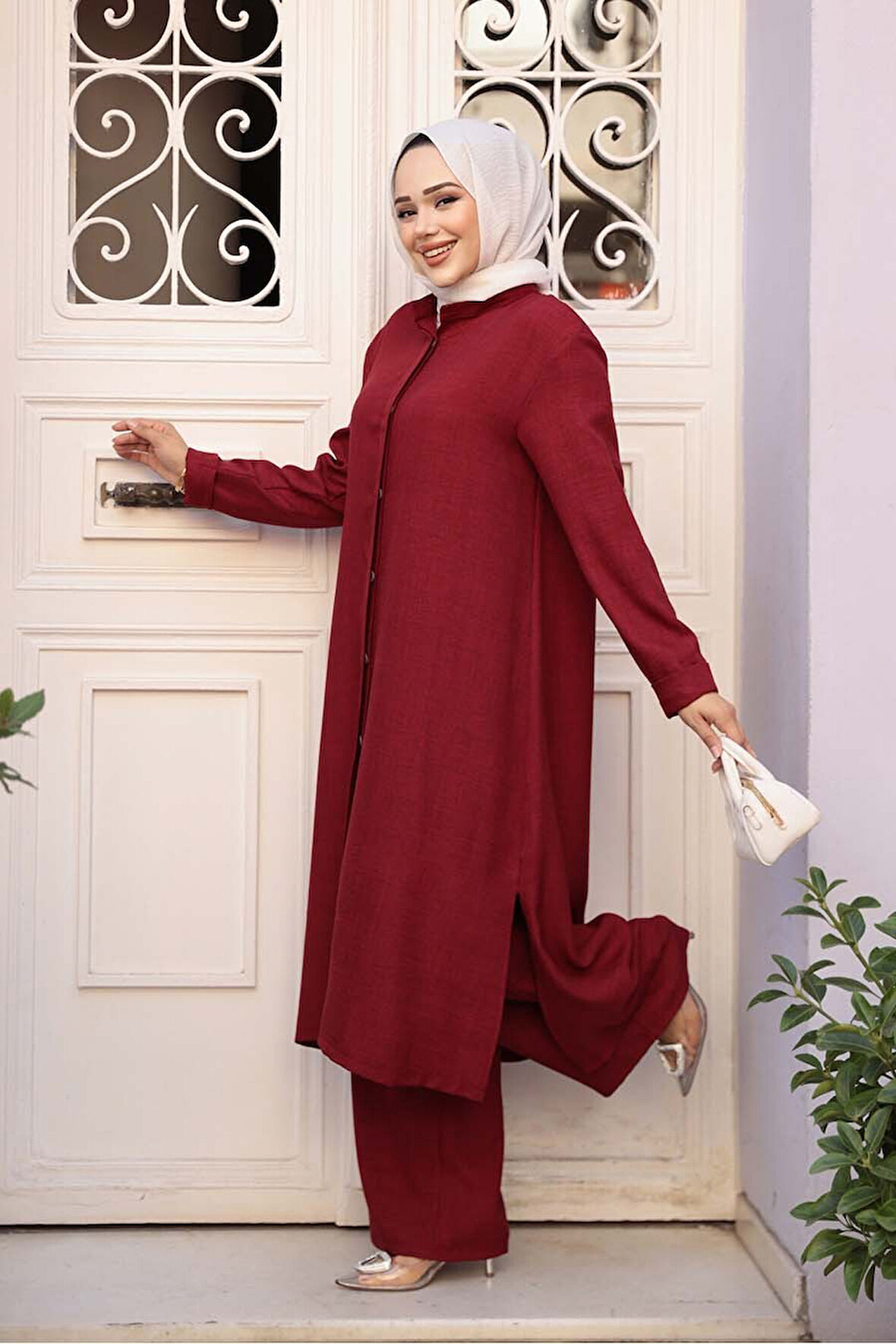 Düğmeli Bordo Tesettür Üçlü Takım 76591BR