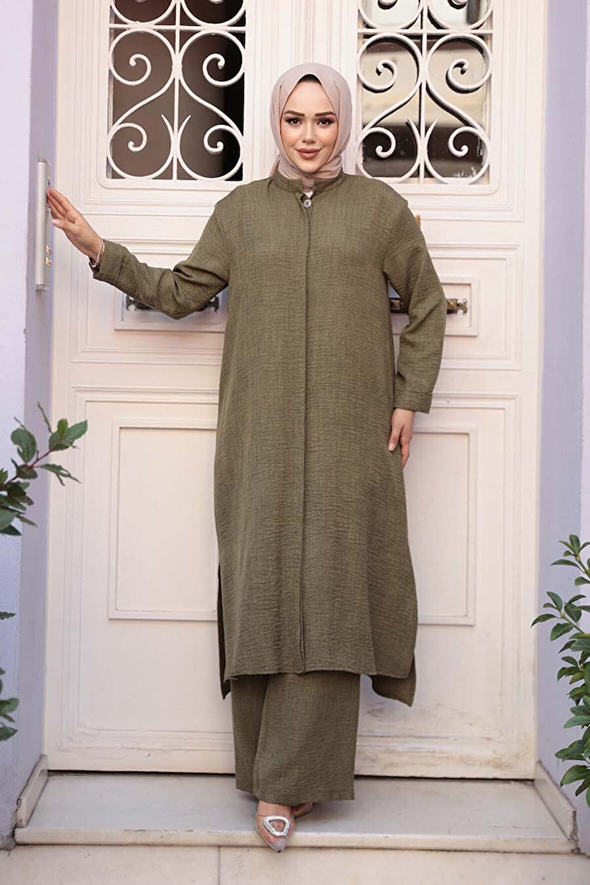 Düğmeli Haki Tesettür Üçlü Takım 76591HK