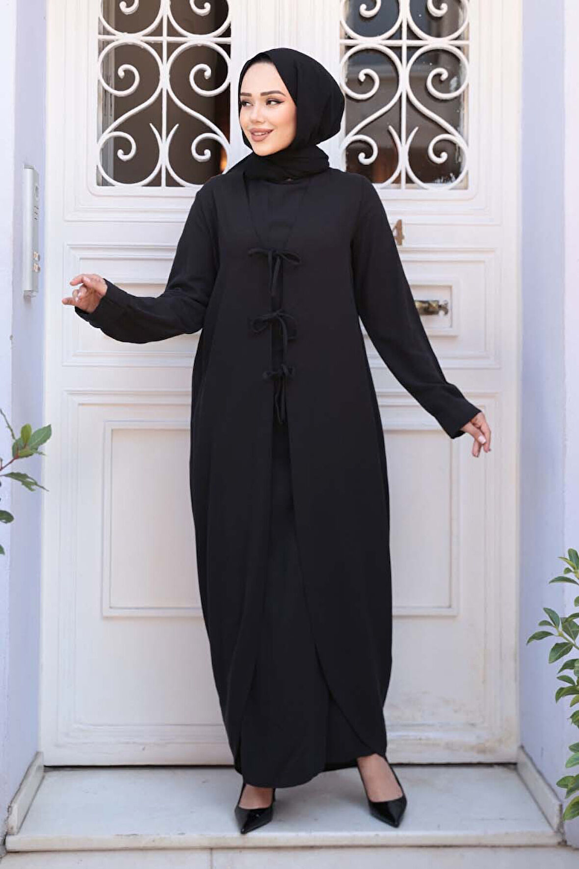 Elbiseli Siyah Tesettür İkili Takım 76091S