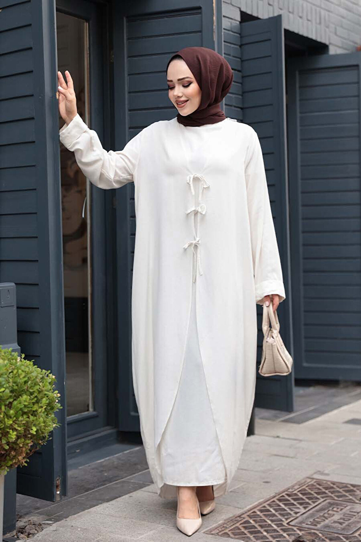 Elbiseli Ekru Tesettür İkili Takım 76091E