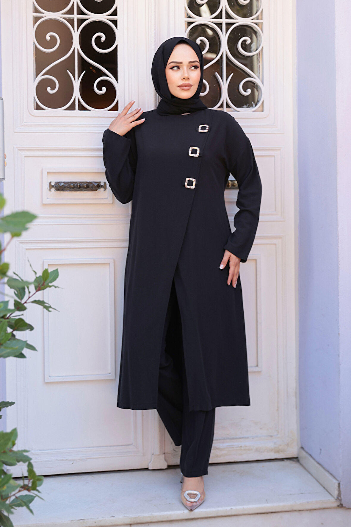 Toka Detaylı Siyah Tesettür İkili Takım 7675S