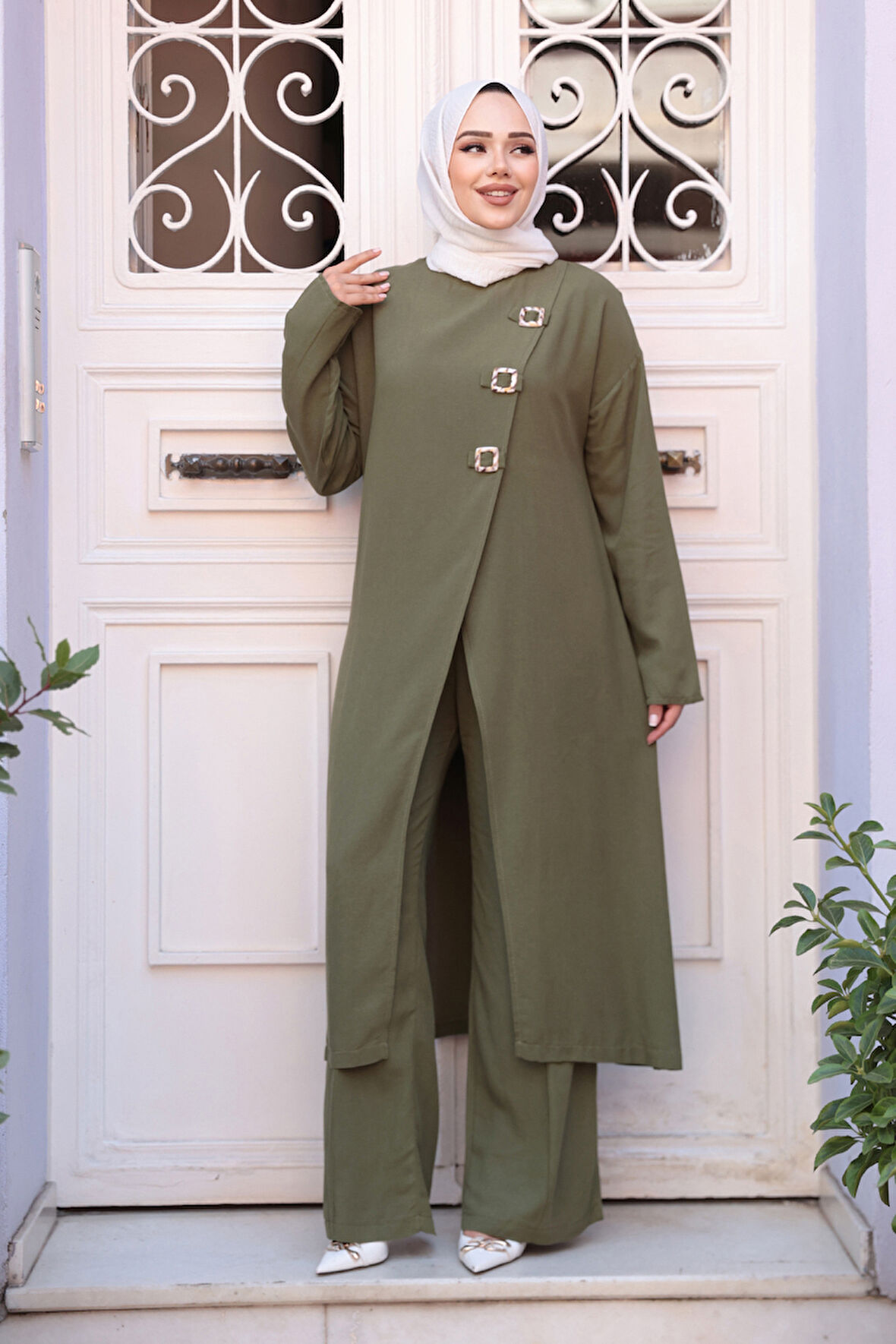 Toka Detaylı Haki Tesettür İkili Takım 7675HK