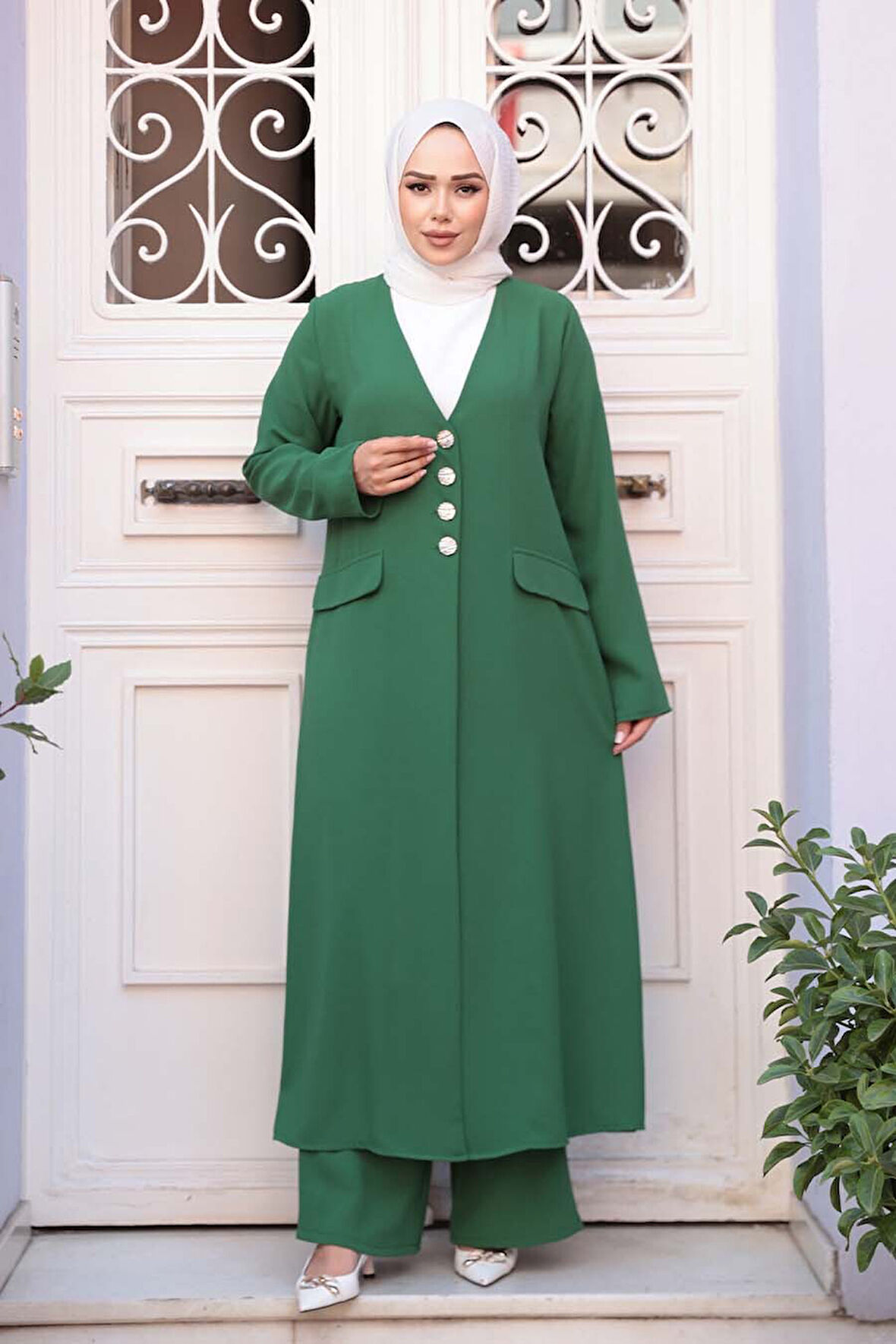 Ceketli Yeşil Tesettür Üçlü Takım 7678Y