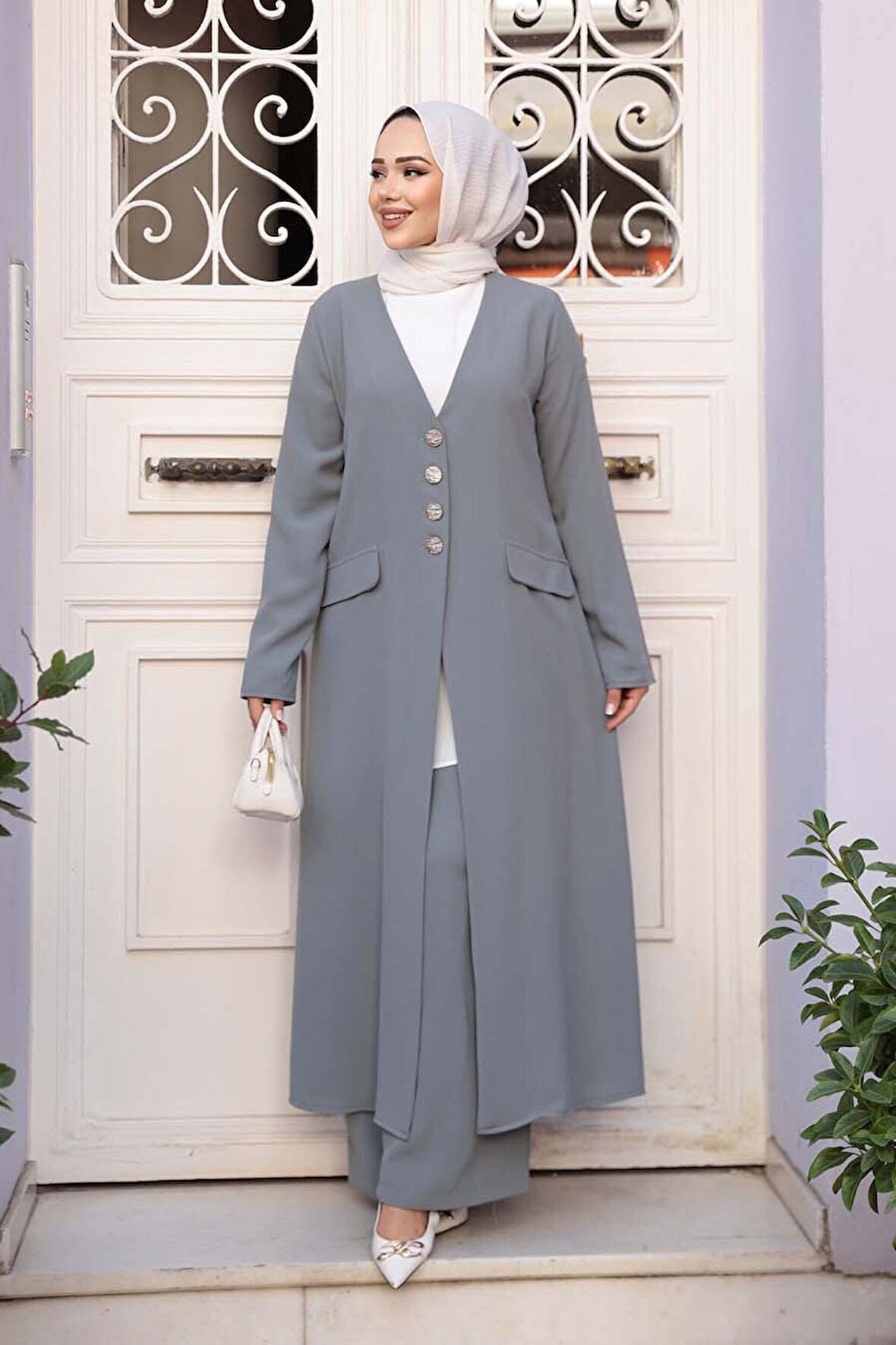 Ceketli Gri Tesettür Üçlü Takım 7678GR