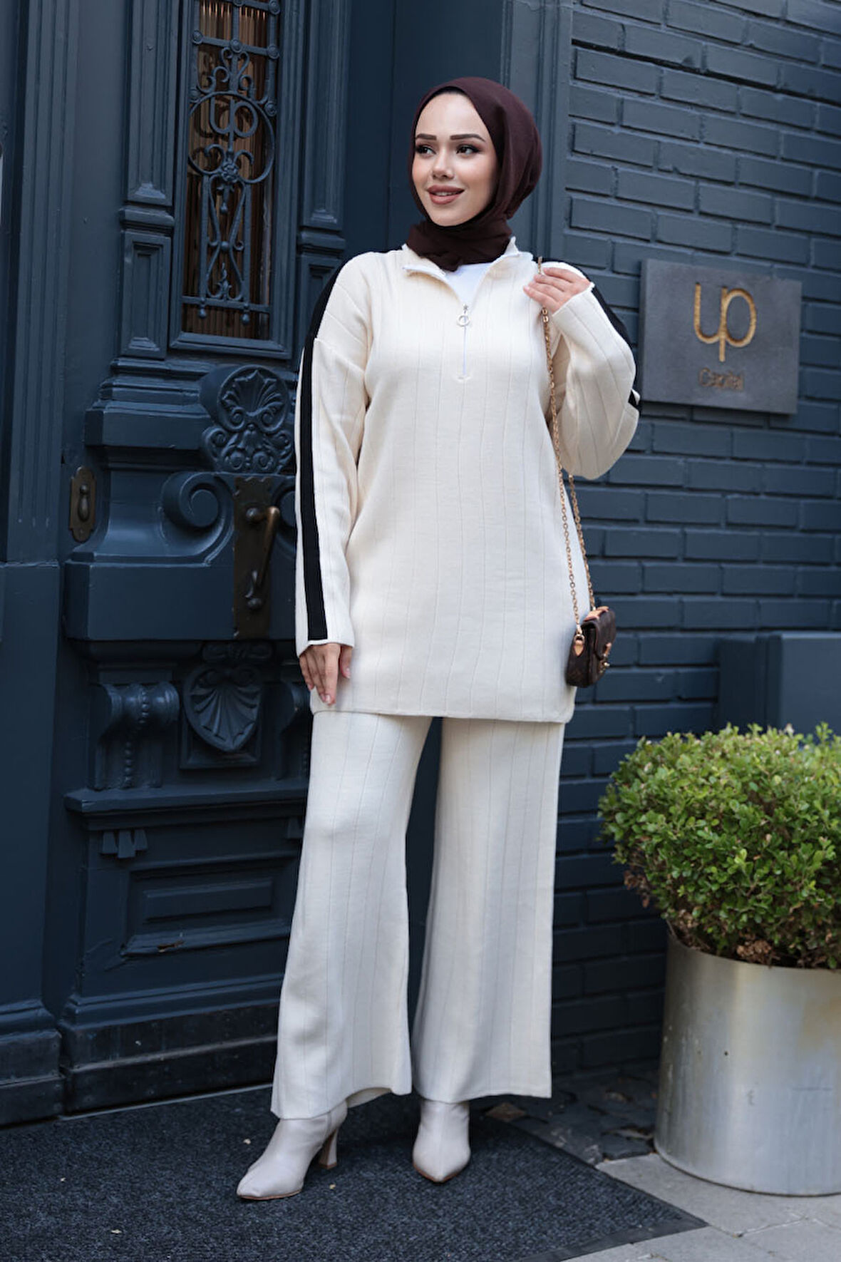 Krem Tesettür Triko İkili Takım 50163KR