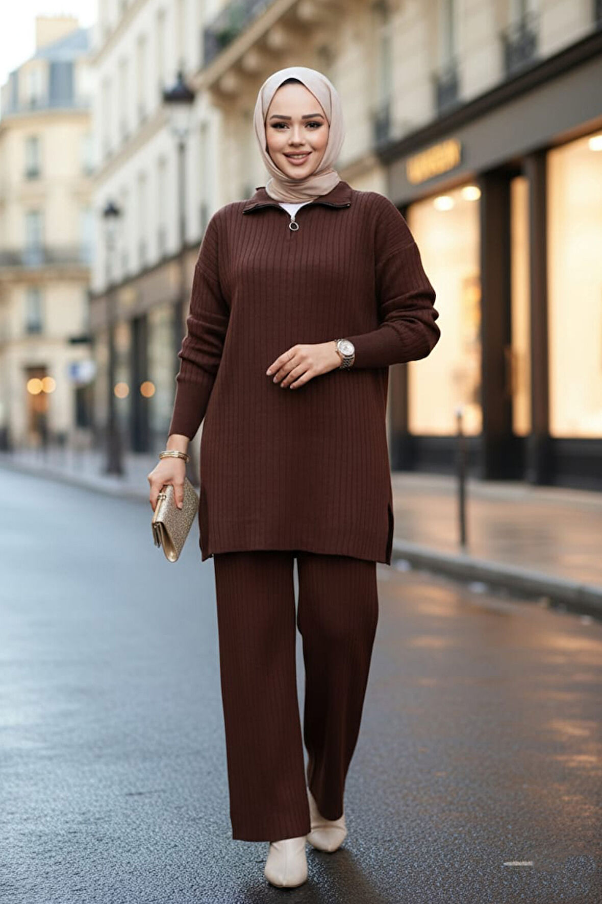 Fitilli Kahverengi Tesettür Triko İkili Takım 60381KH