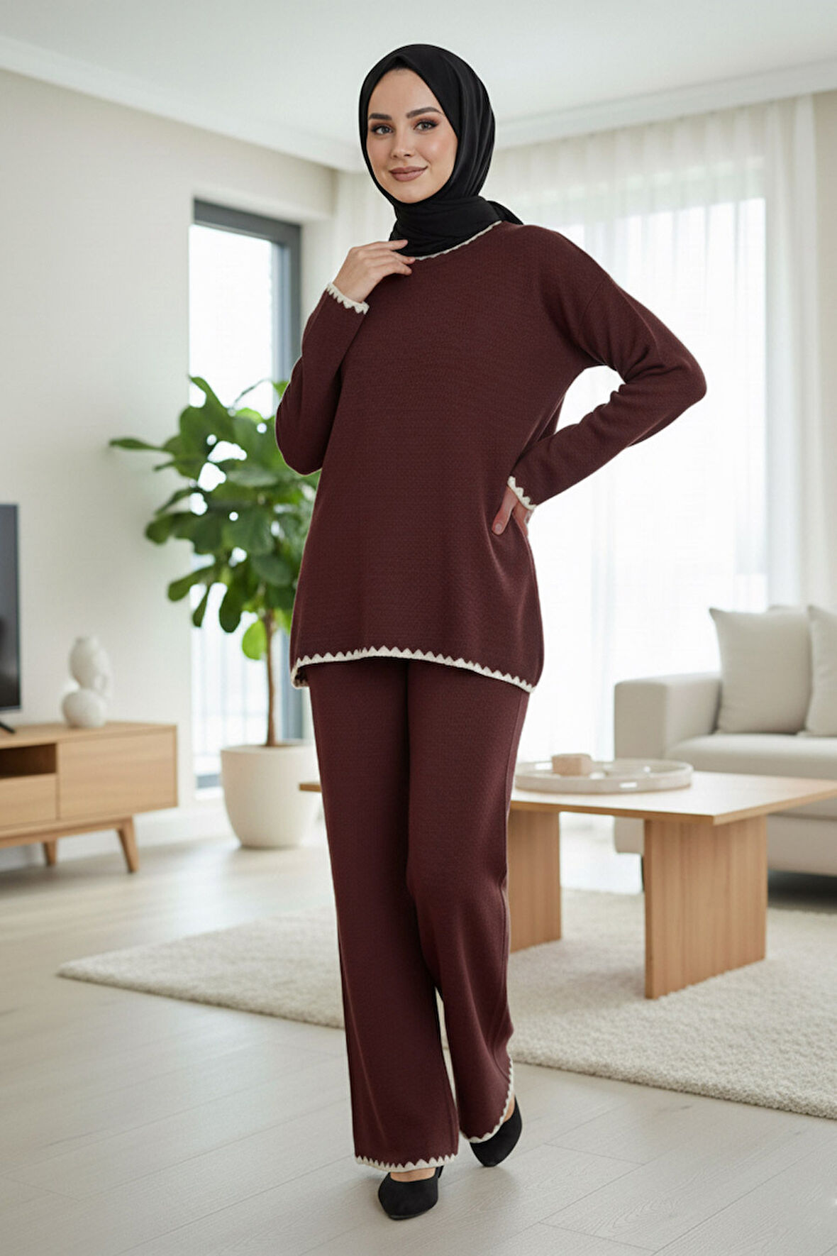 Kahverengi Tesettür Triko İkili Takım 50174KH