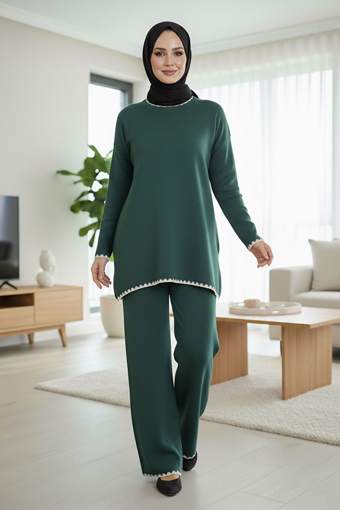 Zümrüt Yeşili Tesettür Triko İkili Takım 50174ZY