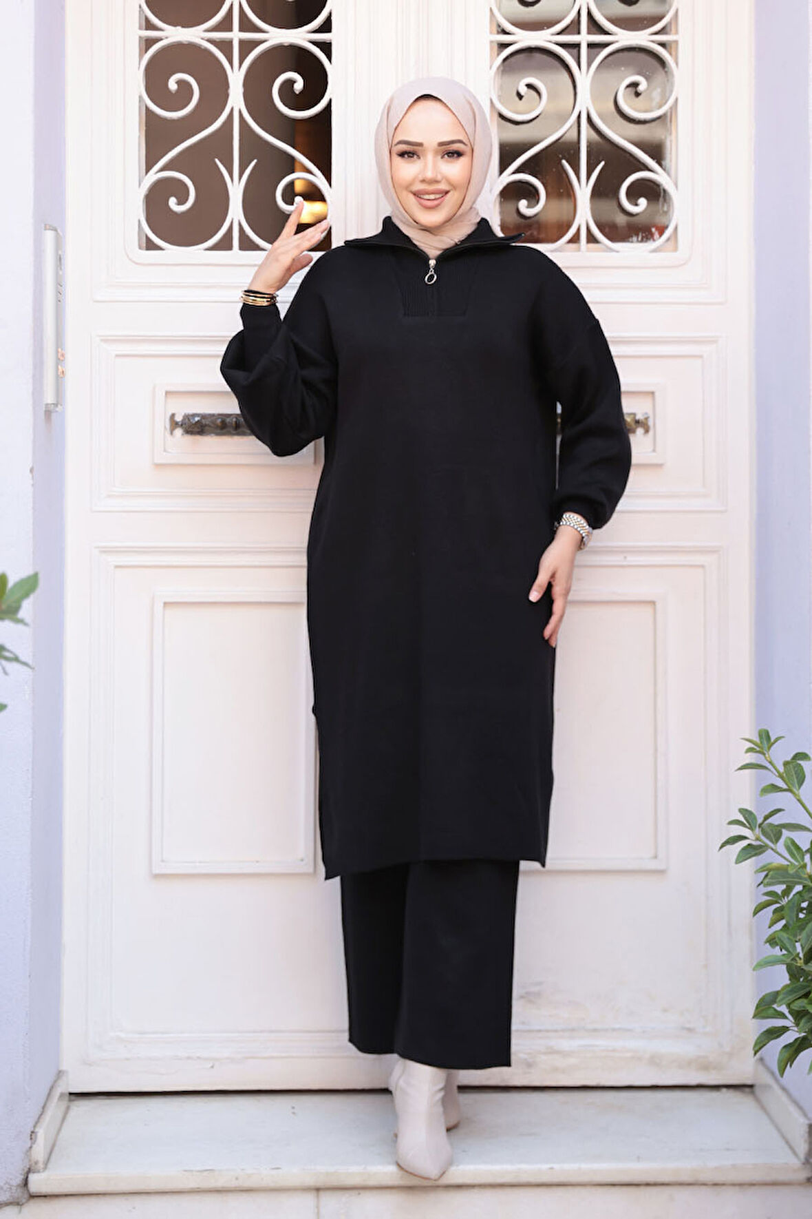 Siyah Tesettür Triko İkili Takım 6036S