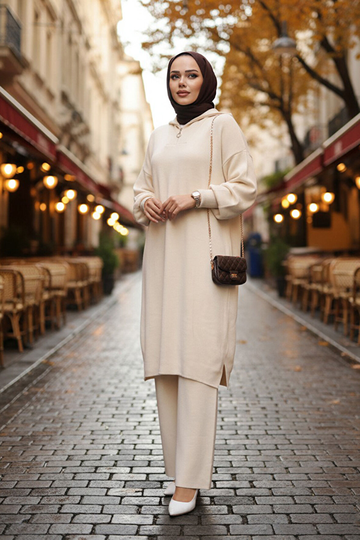 Krem Tesettür Triko İkili Takım 6036KR