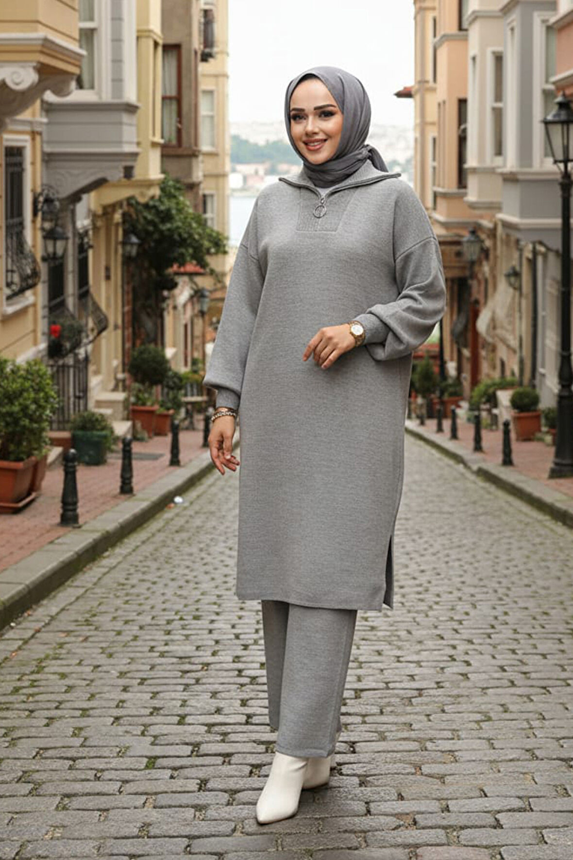 Gri Tesettür Triko İkili Takım 6036GR