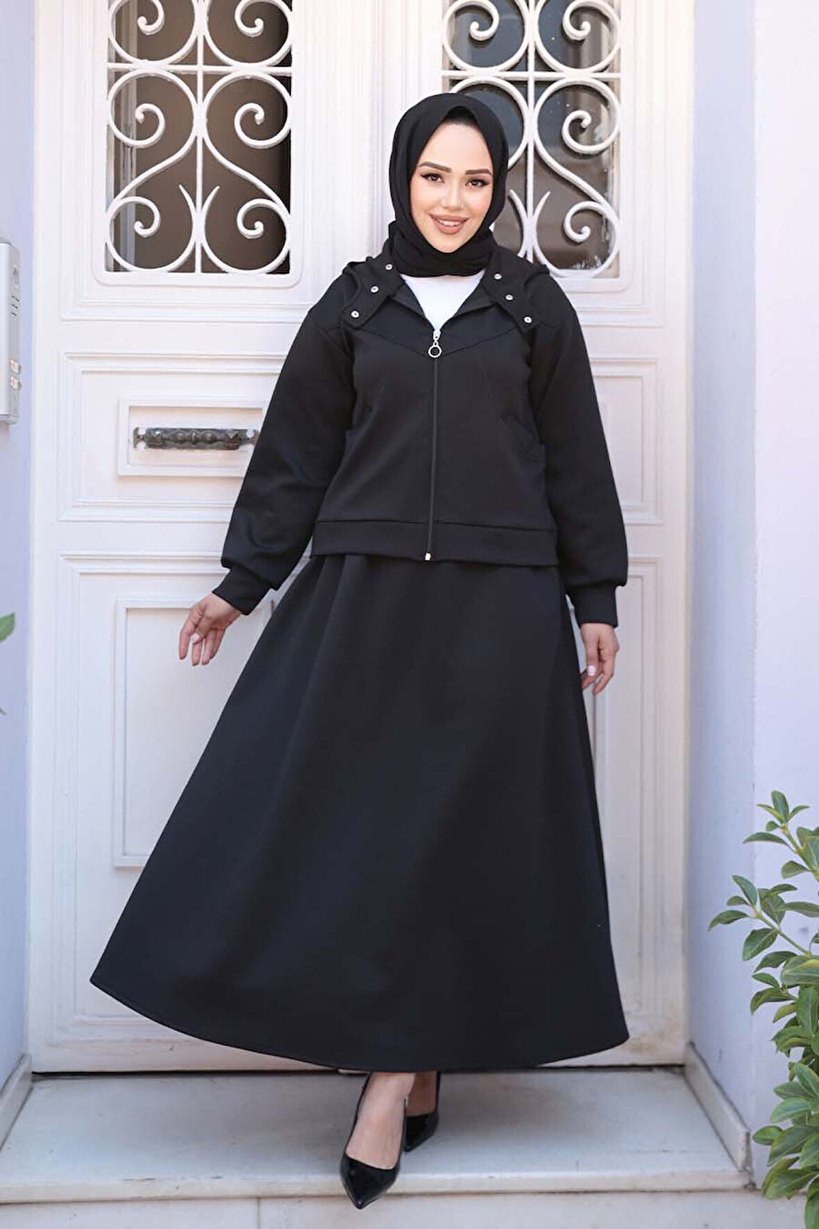Etekli Siyah Tesettür İkili Takım 56781S