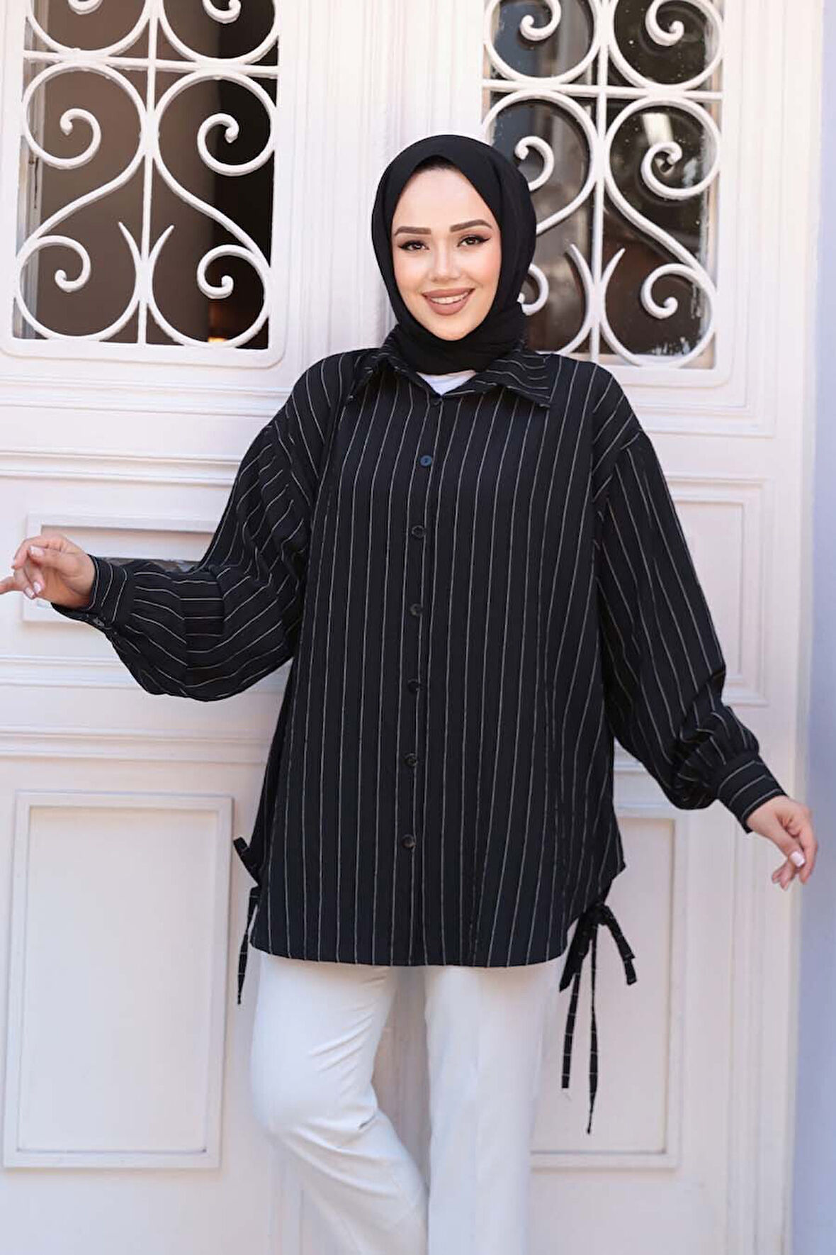 Çizgili Siyah Tesettür Gömlek 10553S