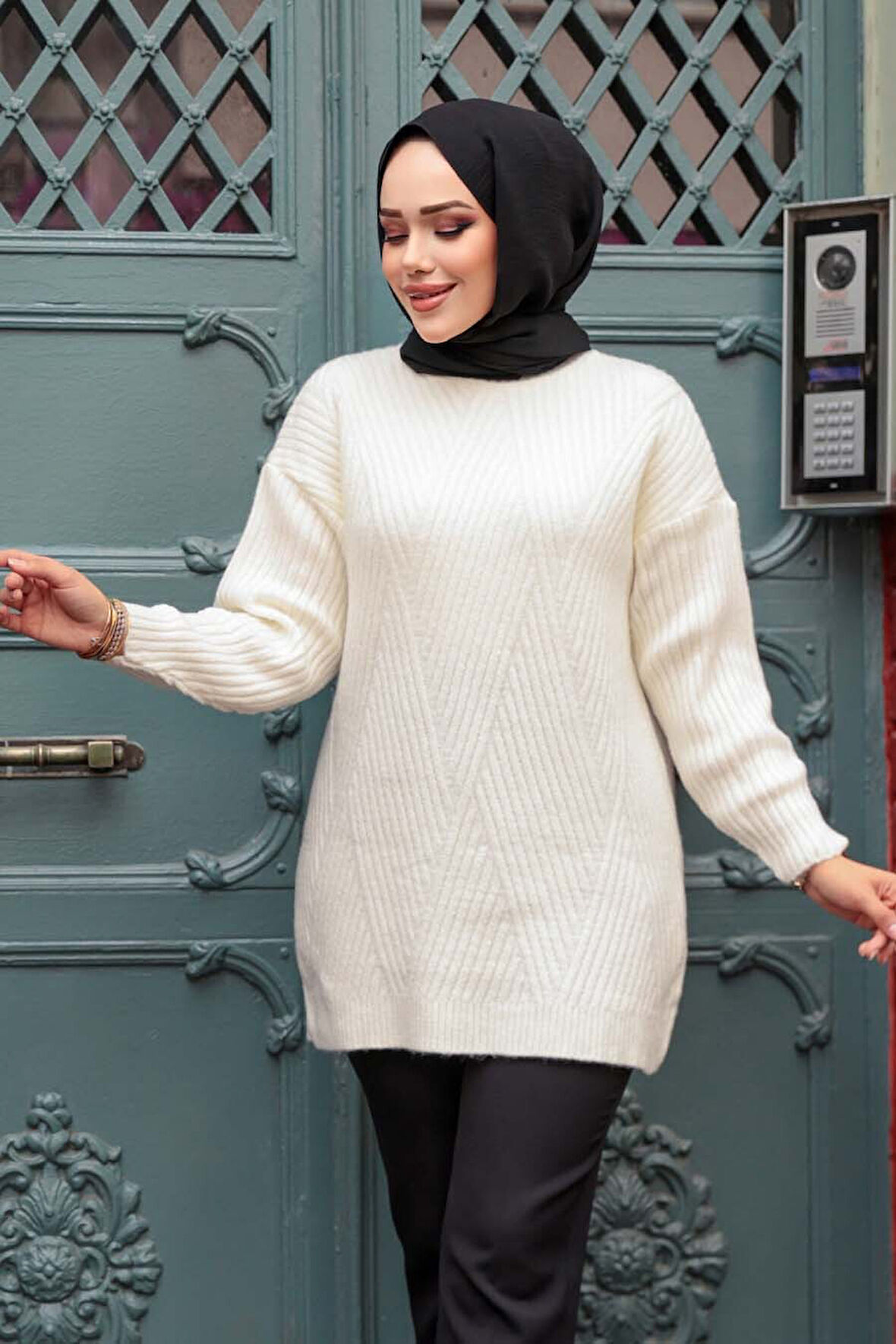 Ekru Tesettür Triko Kazak Tunik 7852E