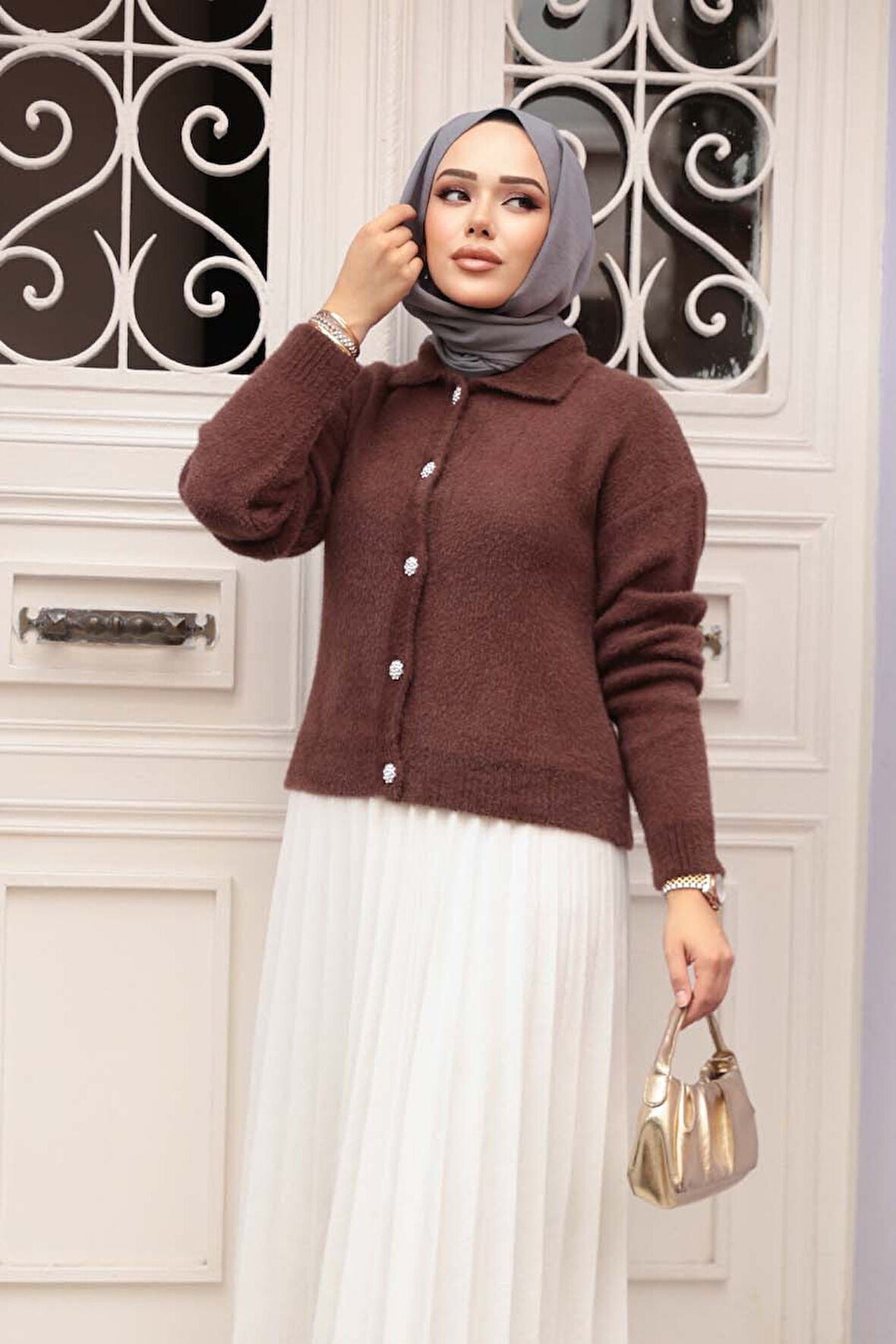 Tüylü Kahverengi Tesettür Triko Hırka 85321KH