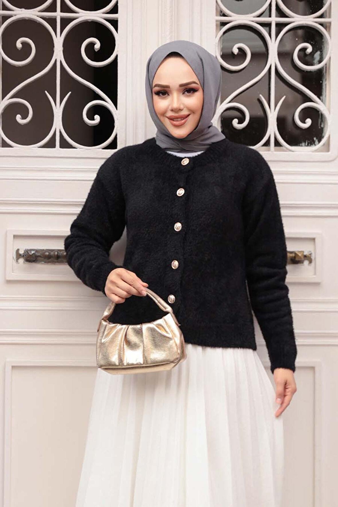 Tüylü Siyah Tesettür Triko Hırka 86041S