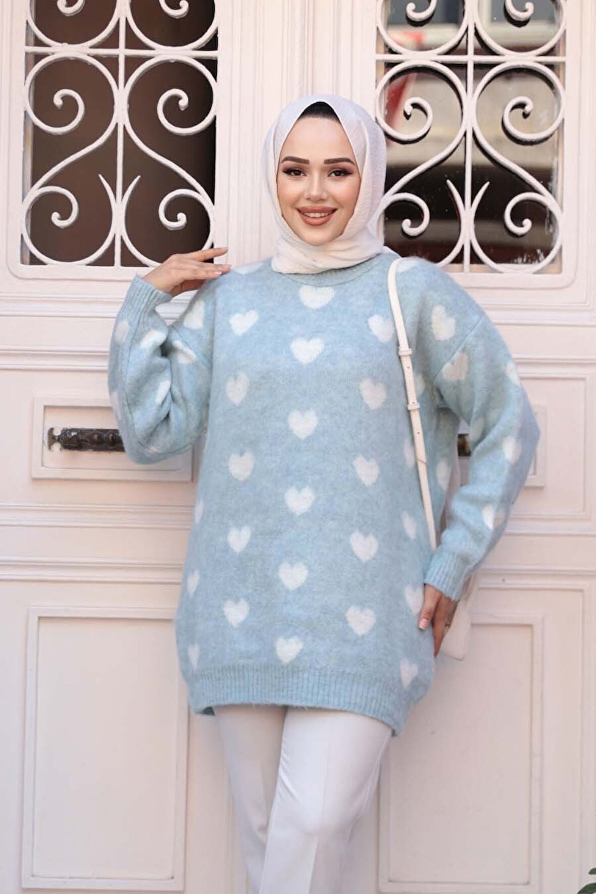 Kalp Desenli Turkuaz Tesettür Triko Kazak Tunik 8688TR