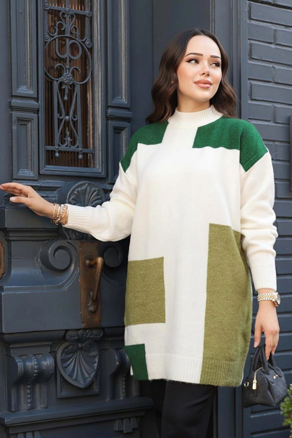 Blok Renkli Yeşil  Triko Kazak  88101Y