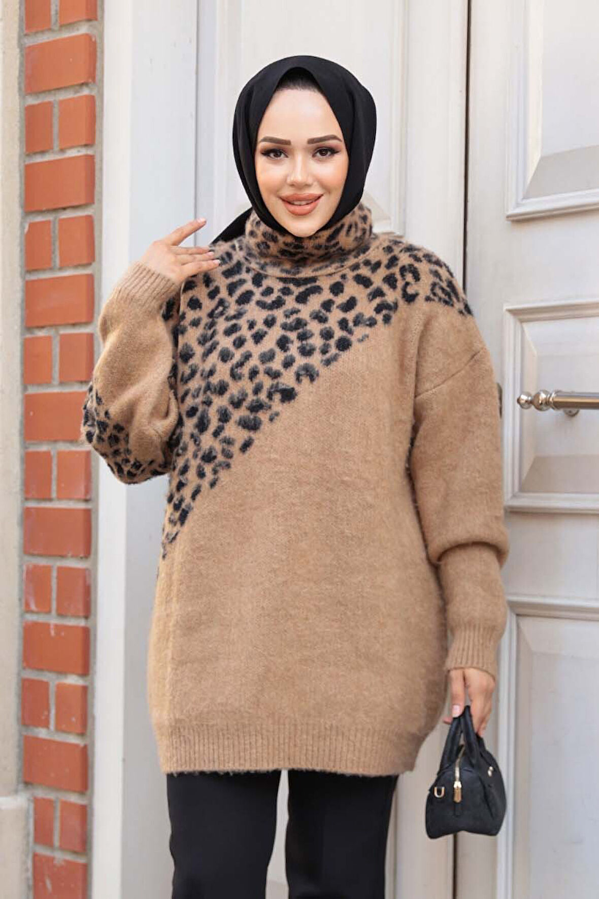 Desenli Camel Tesettür Triko Kazak Tunik 8818C