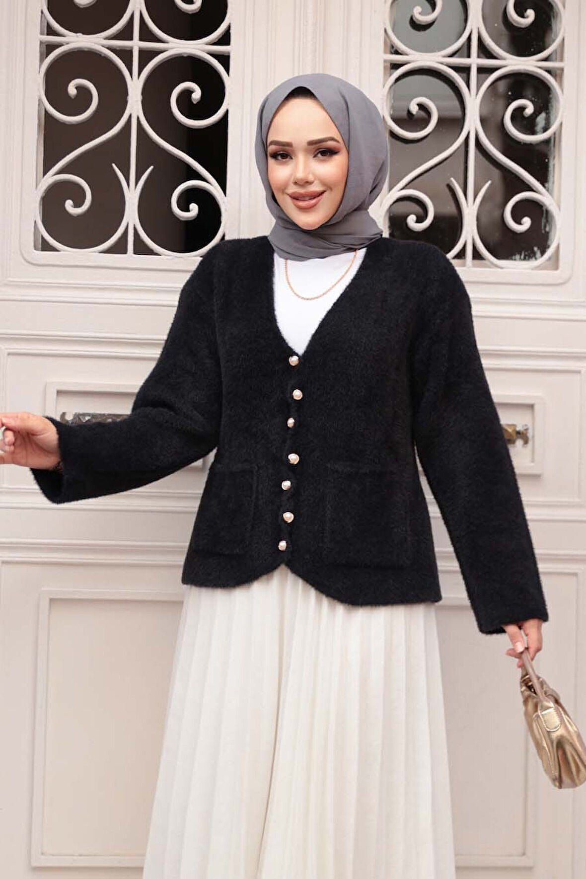 Tüylü Siyah Tesettür Triko Hırka 8828S