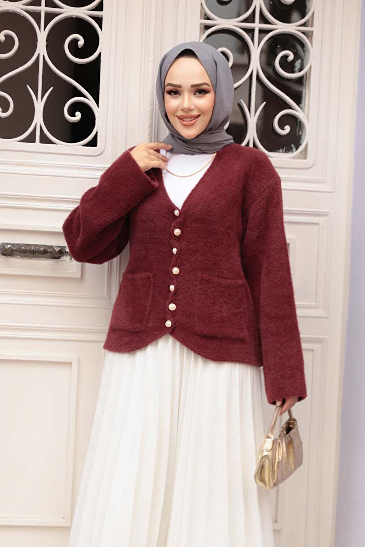 Tüylü Koyu Bordo Tesettür Triko Hırka 8828KBR