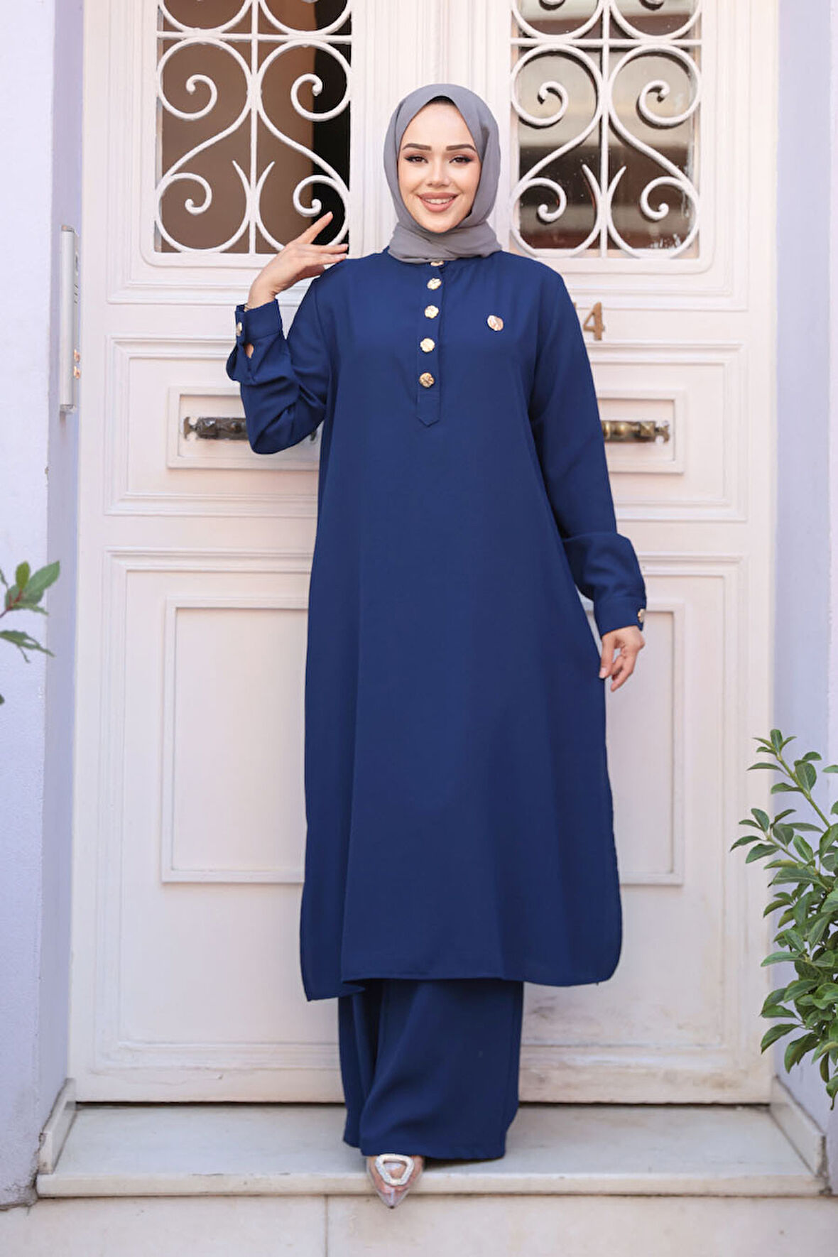 Düğme Detaylı Lacivert Tesettür İkili Takım 76642L