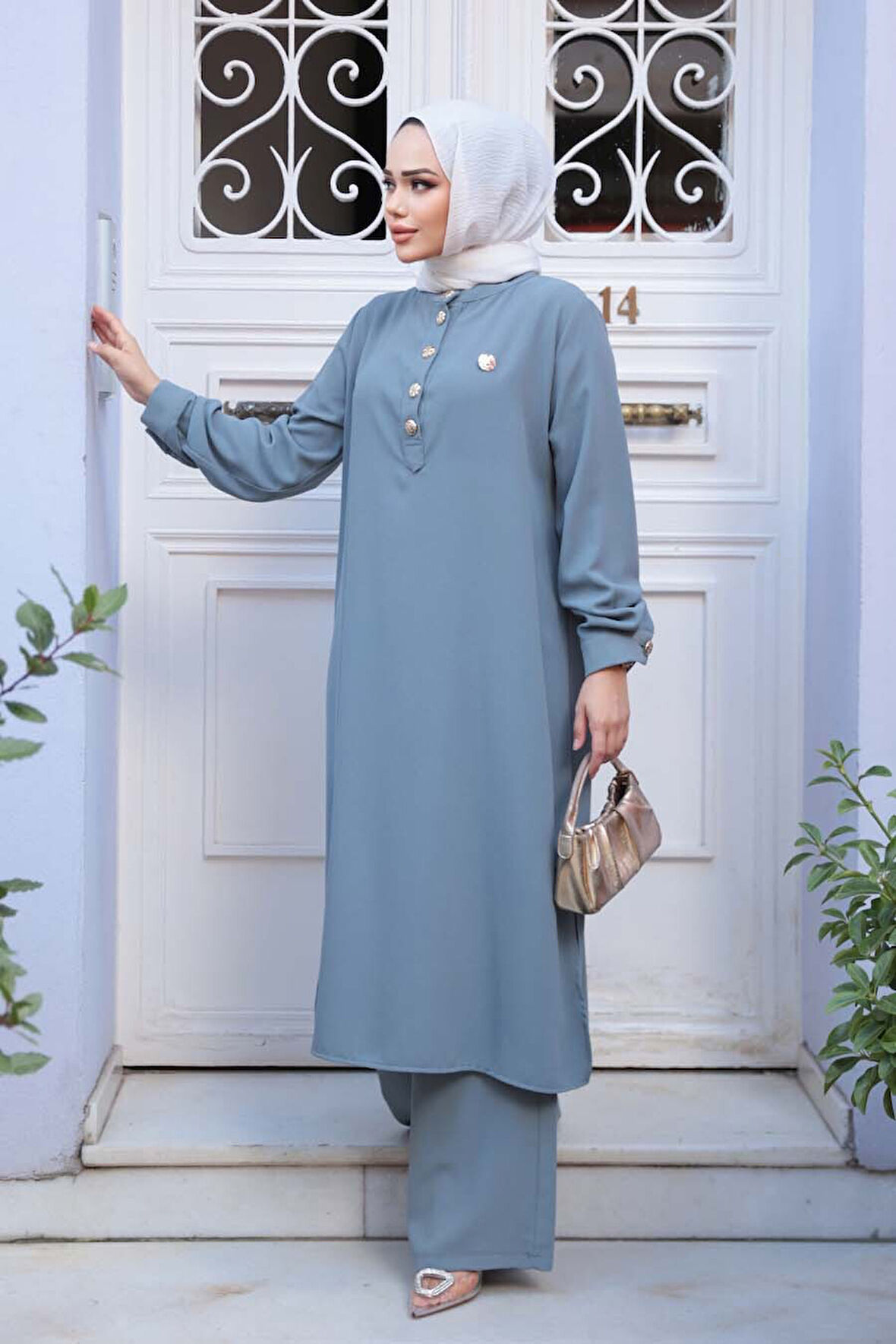 Düğme Detaylı Gri Tesettür İkili Takım 76642GR