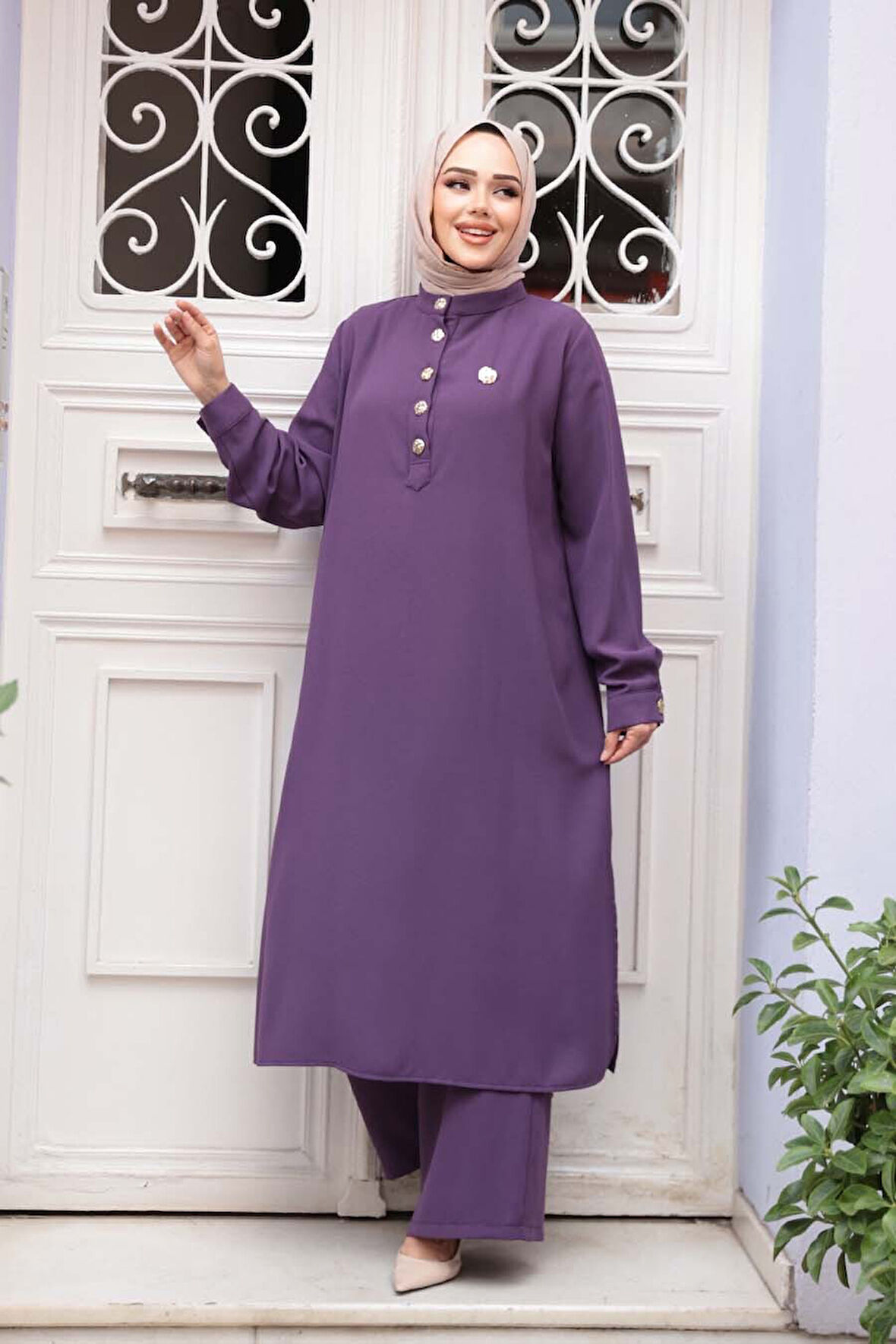 Düğme Detaylı Tesettür İkili Takım 76642LILA