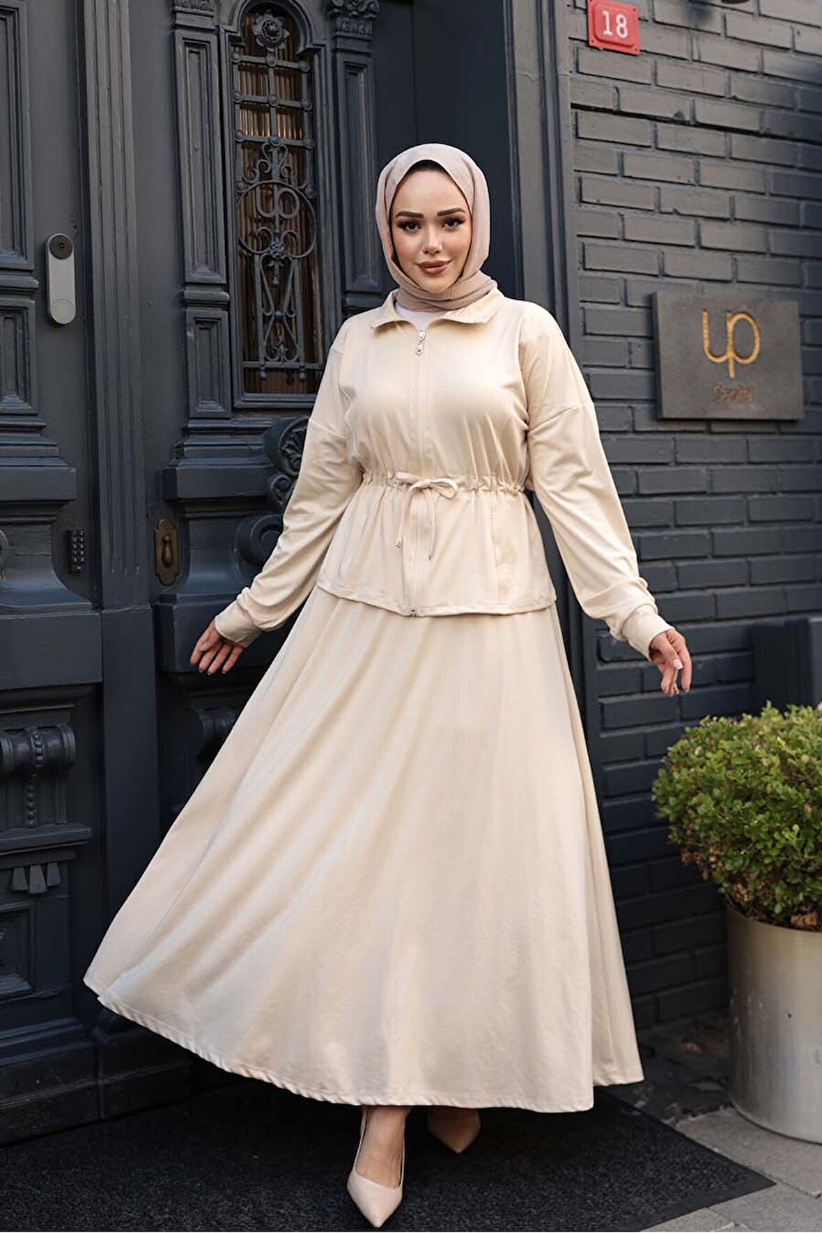 Etekli Bej Tesettür İkili Takım 13251BEJ