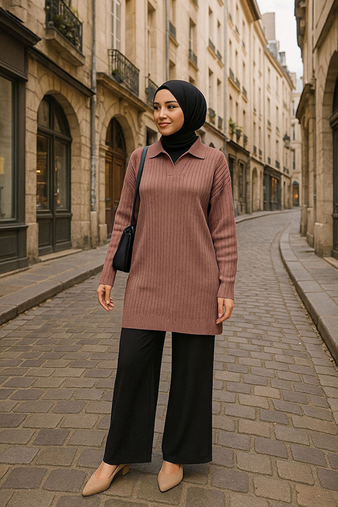 Fitilli Gül Kurusu Tesettür Triko Tunik 65903GK