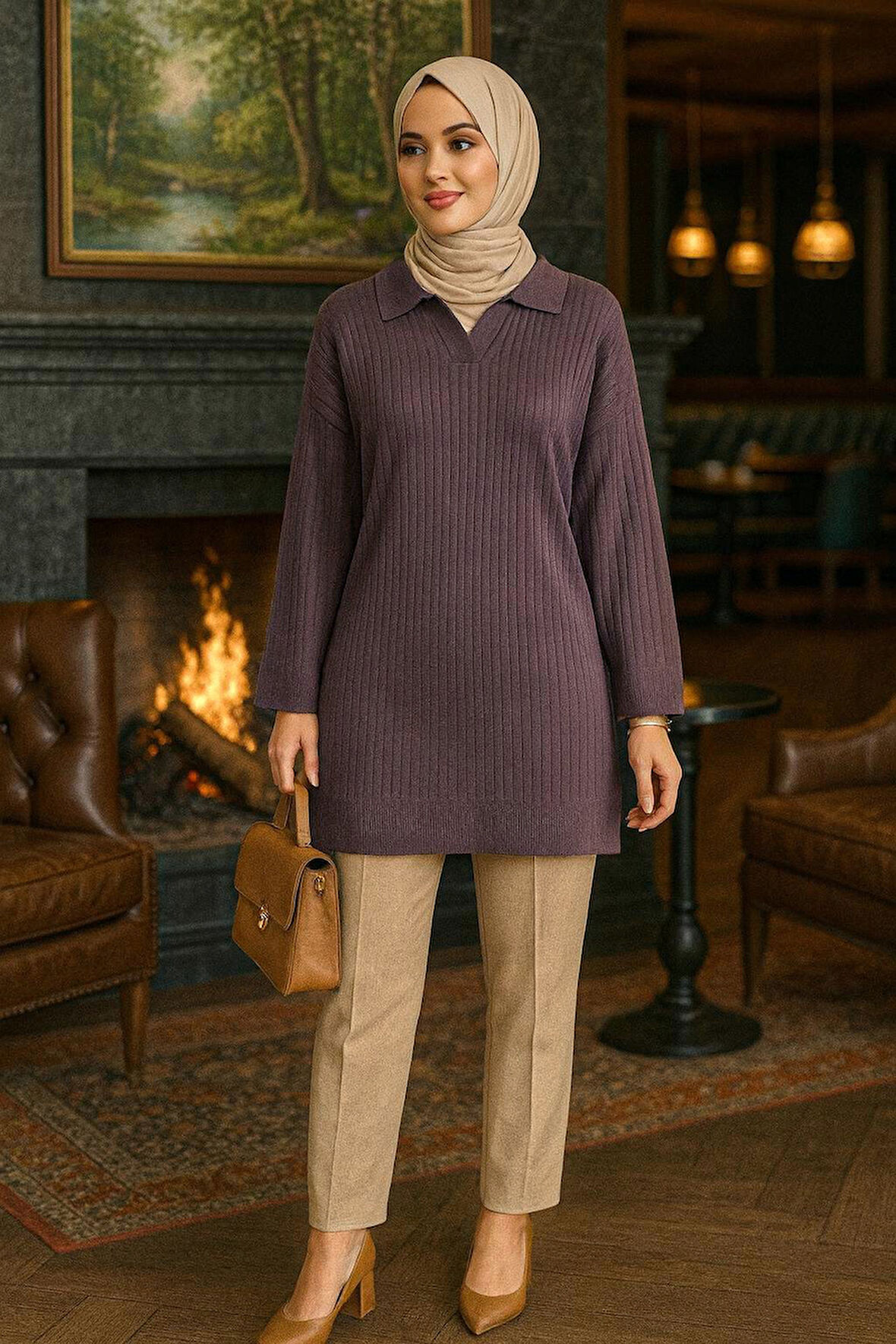 Fitilli Koyu Lila Tesettür Triko Tunik 65903KLILA
