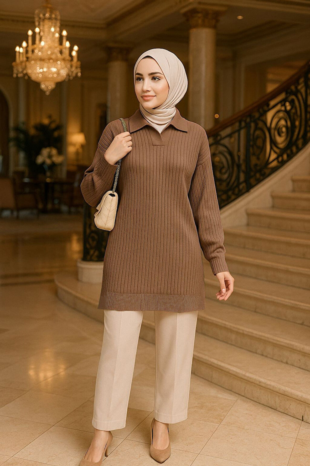 Fitilli Bisküvi Tesettür Triko Tunik 65903BS