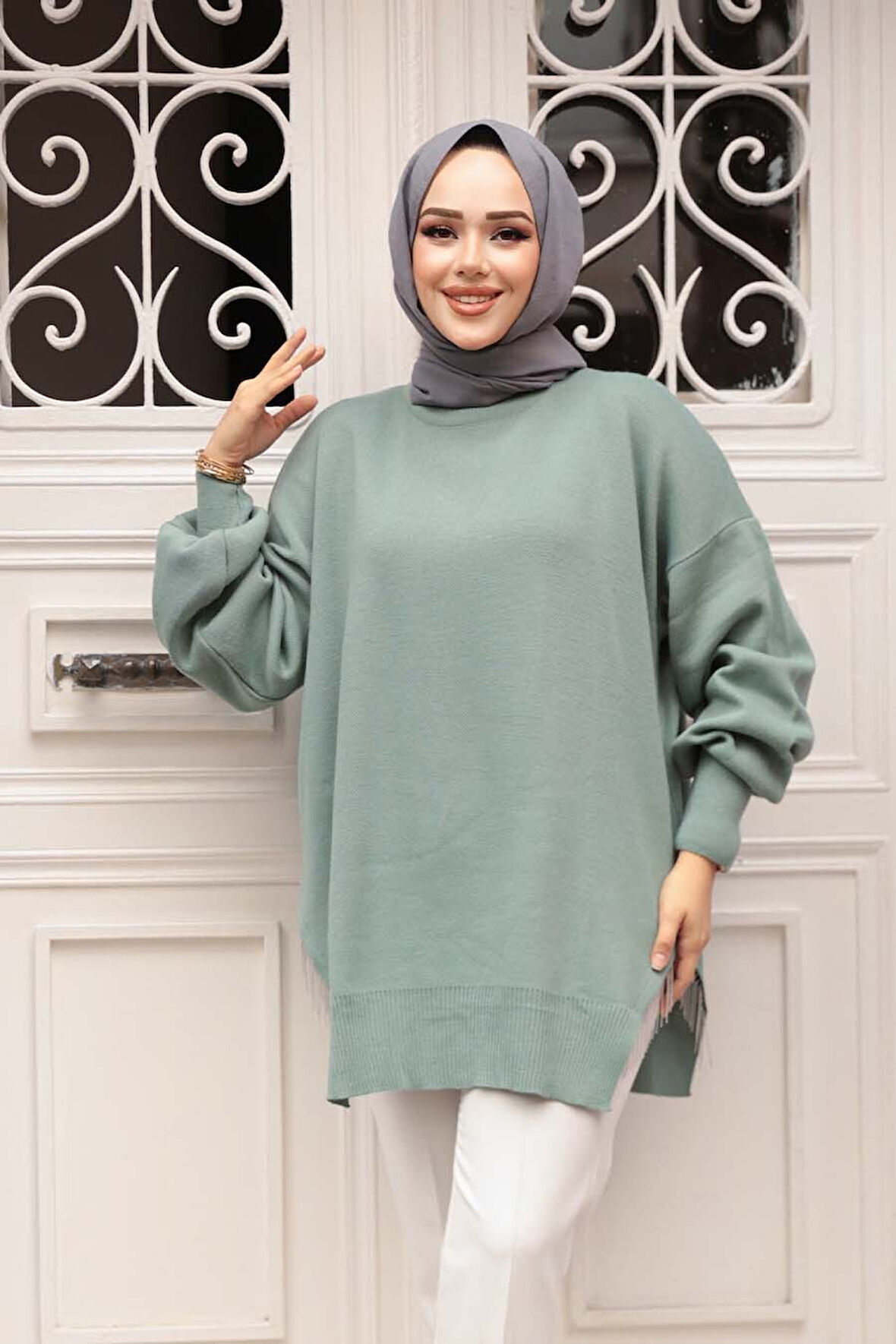 Zincir Detaylı Mint Tesettür Triko Kazak Tunik 17202MINT