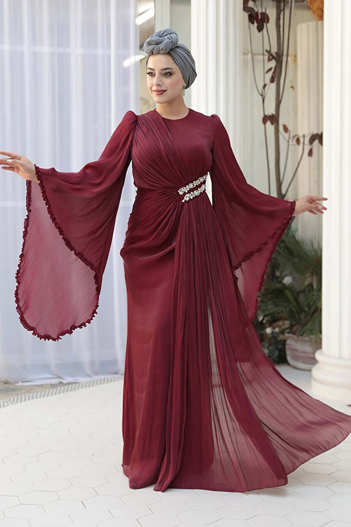 Volan Kollu Bordo Tesettür Abiye Elbise 5322BR